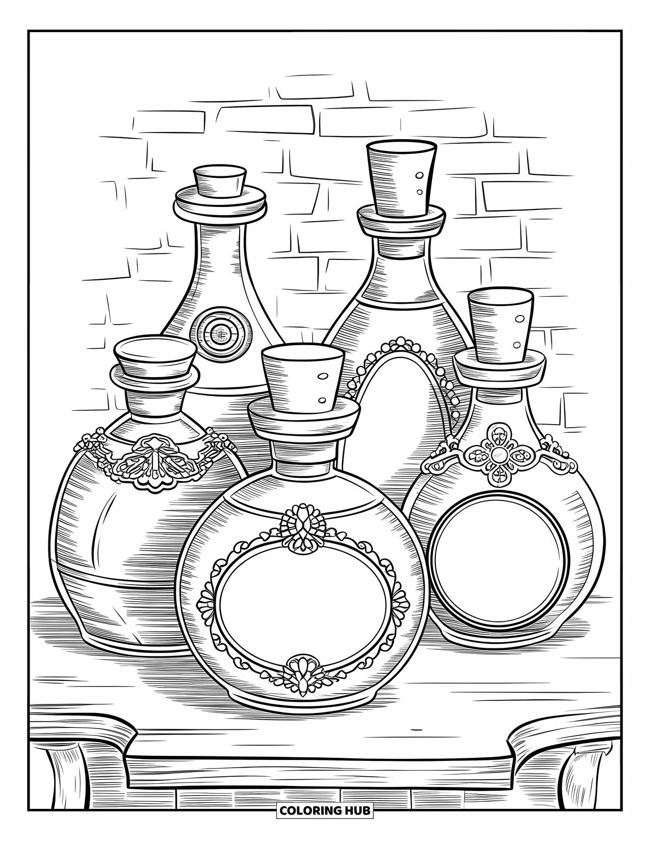 Gothic Coloring Page for Adults: Antique potion bottles with labels and embellishments rest on a shelf with brick texture