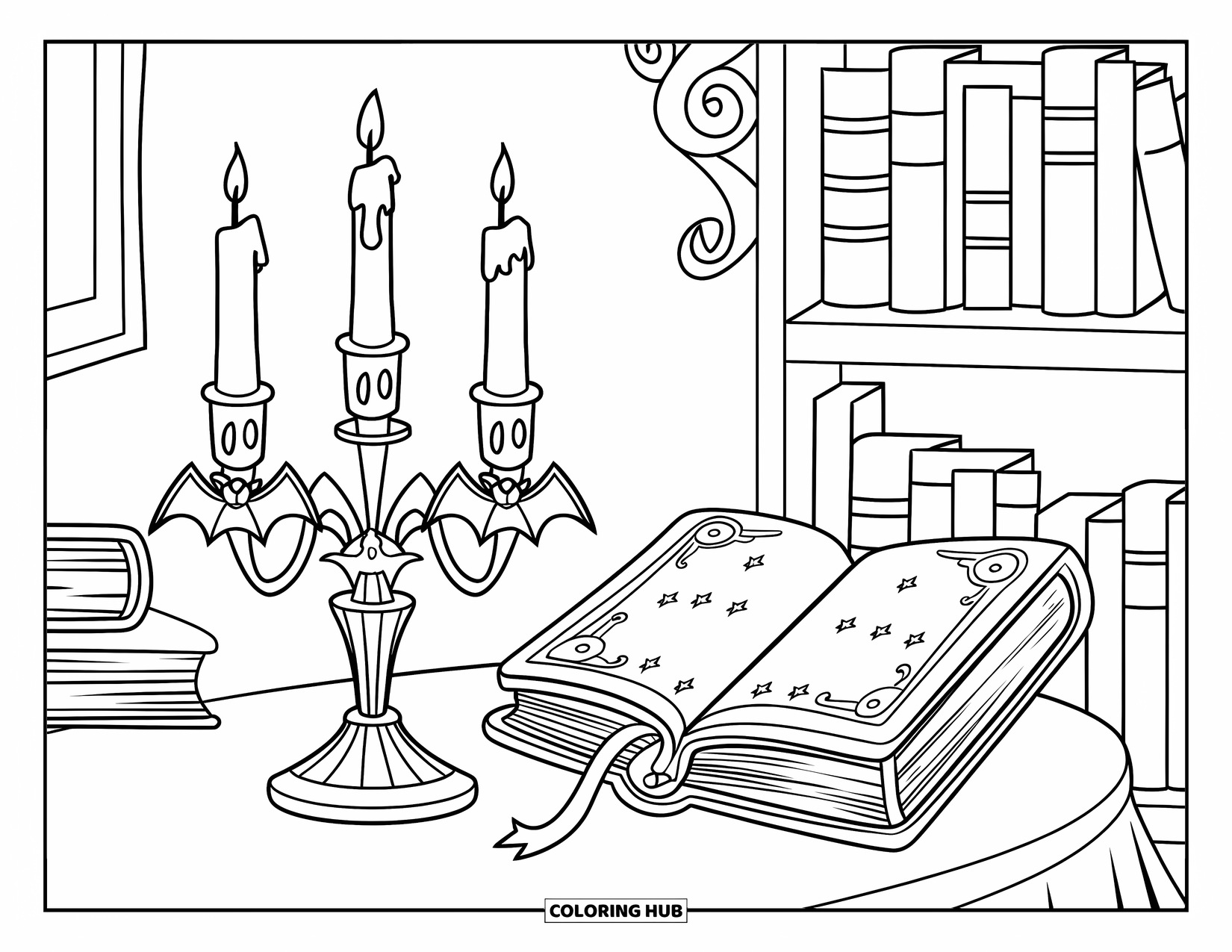 Gothic Coloring Page for Kids: A bat-themed candelabra sits beside books and a spellbook in a cozy room
