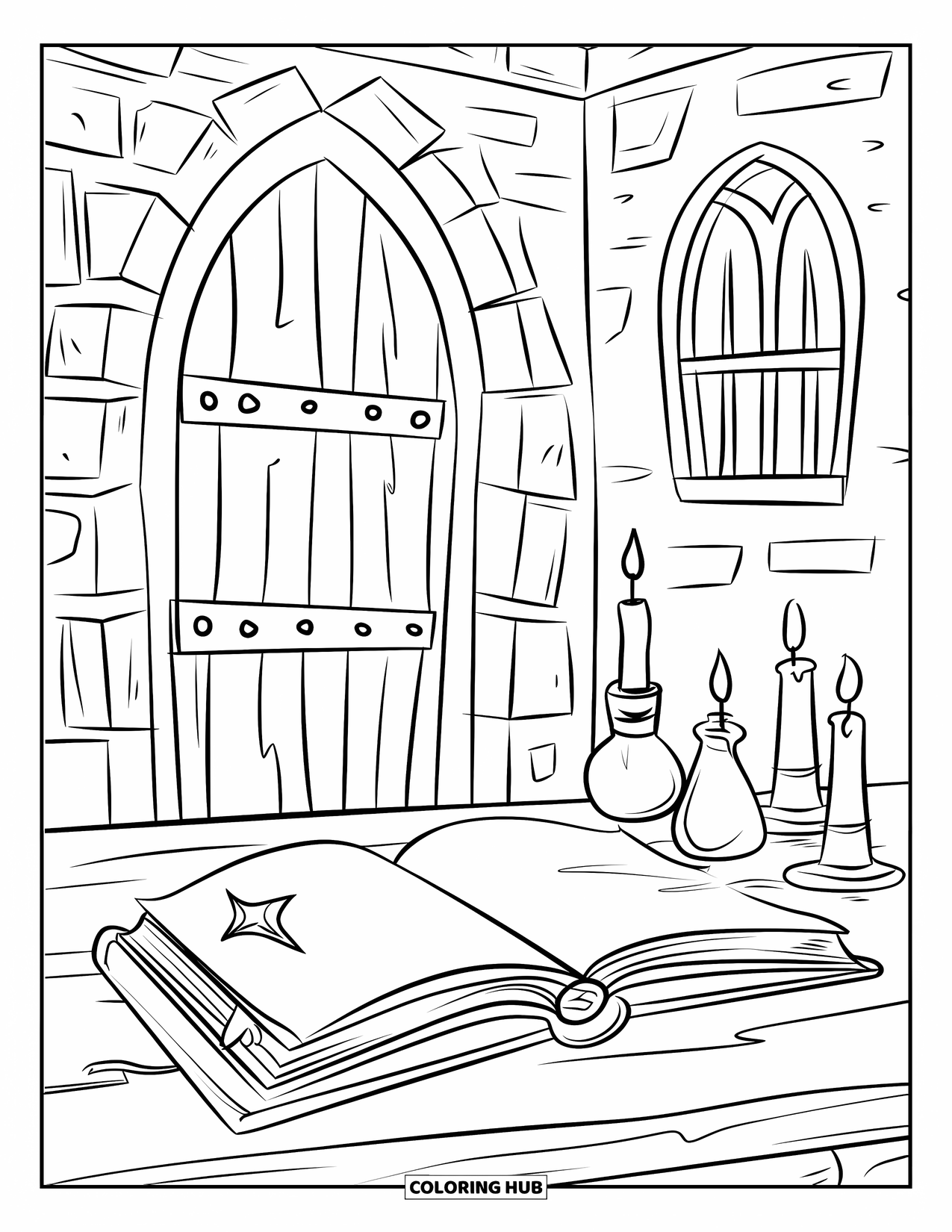 Gothic Coloring Page for Kids: A candle-lit desk holds a spell book, potions, and a leaning broom nearby