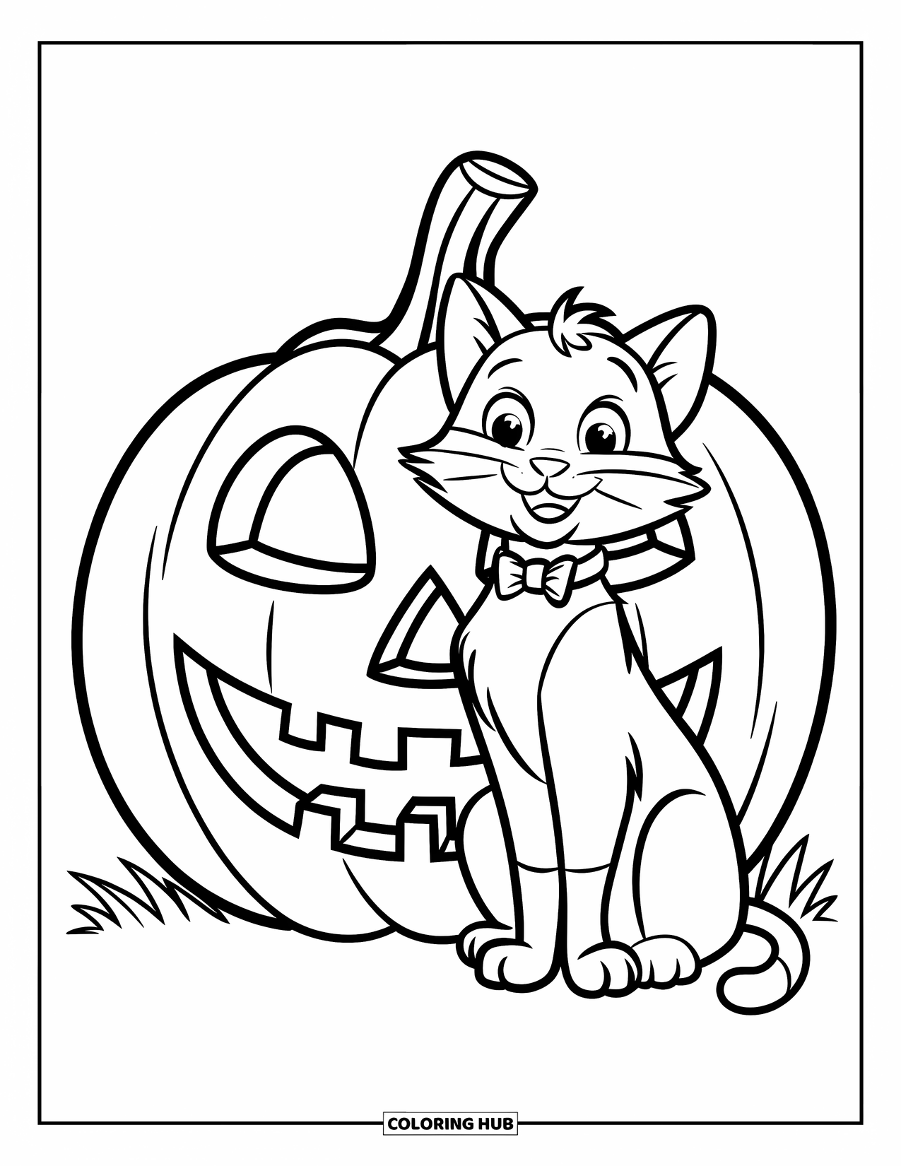 Gothic Coloring Page for Kids: A cat with a bowtie sits by a cheerful pumpkin in a quiet field