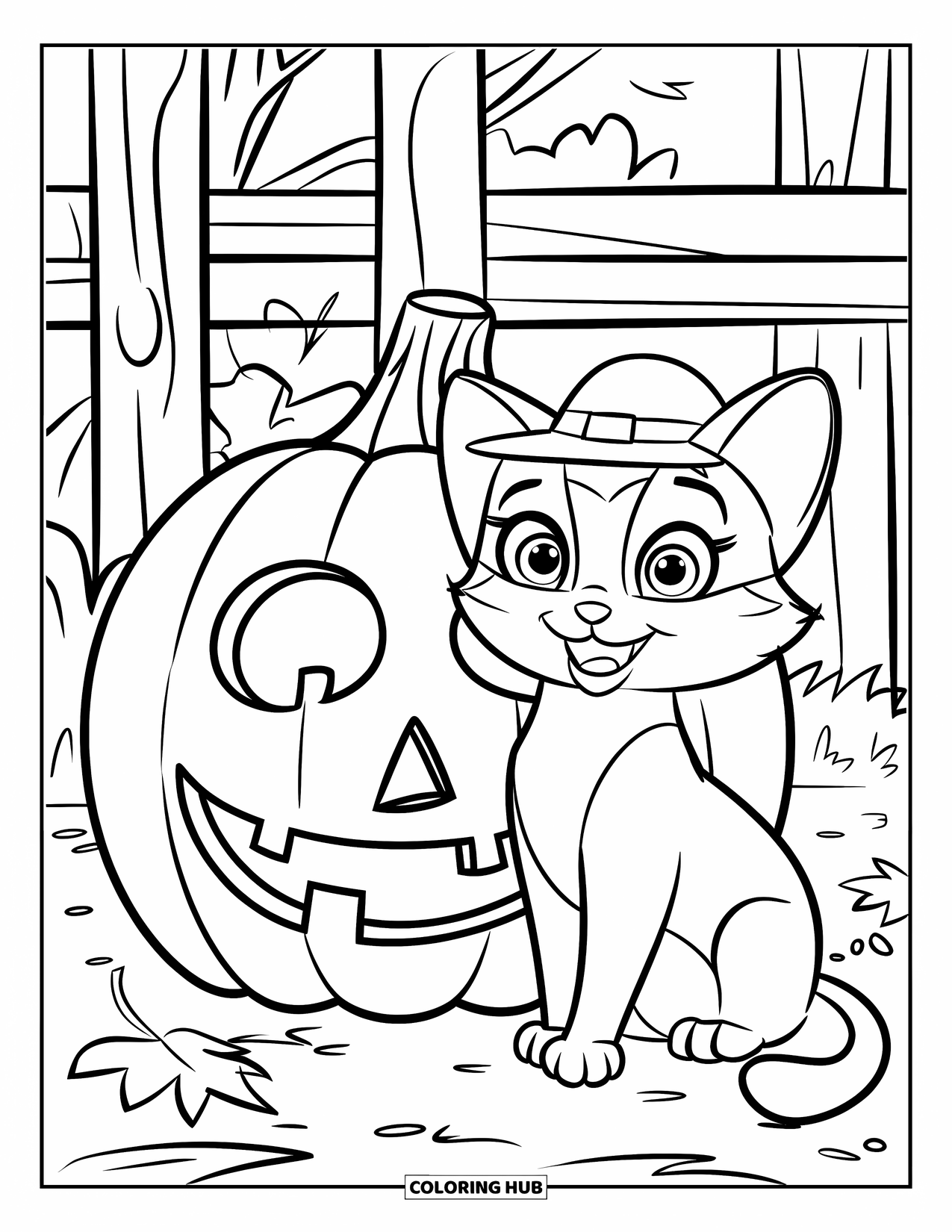 Gothic Coloring Page for Kids: A cat with a cute hat rests beside a jack-o'-lantern in a rustic yard