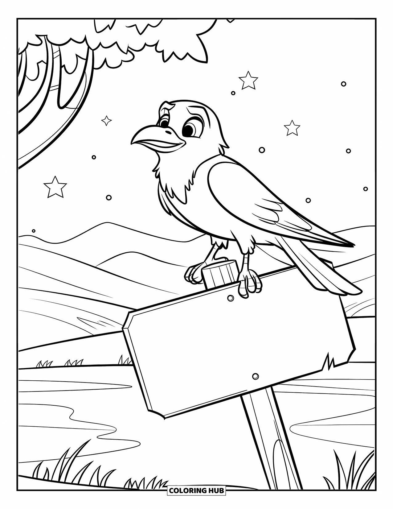 Gothic Coloring Page for Kids: A cute raven perches on a crooked signpost under a starry sky