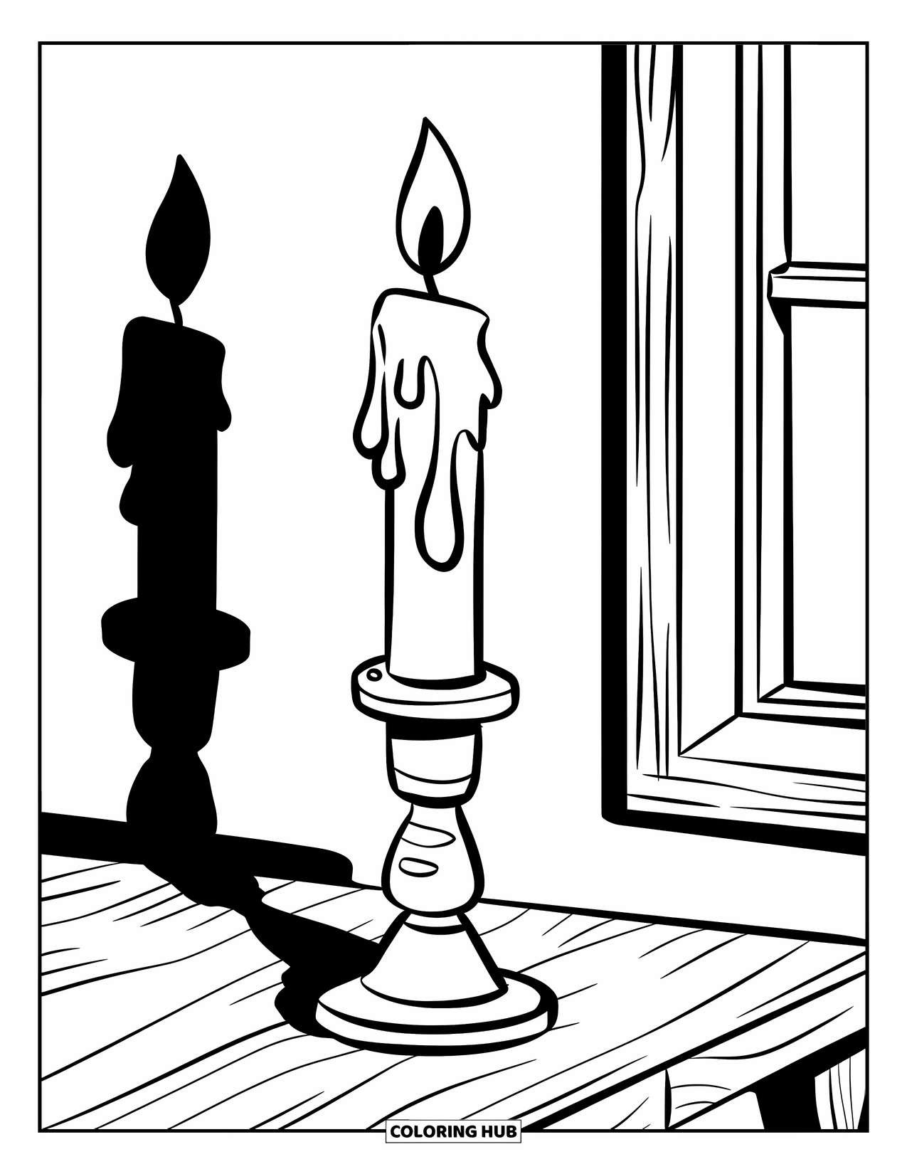 Gothic Coloring Page for Kids: A flickering candle stands on a table, casting a soft shadow on the wall