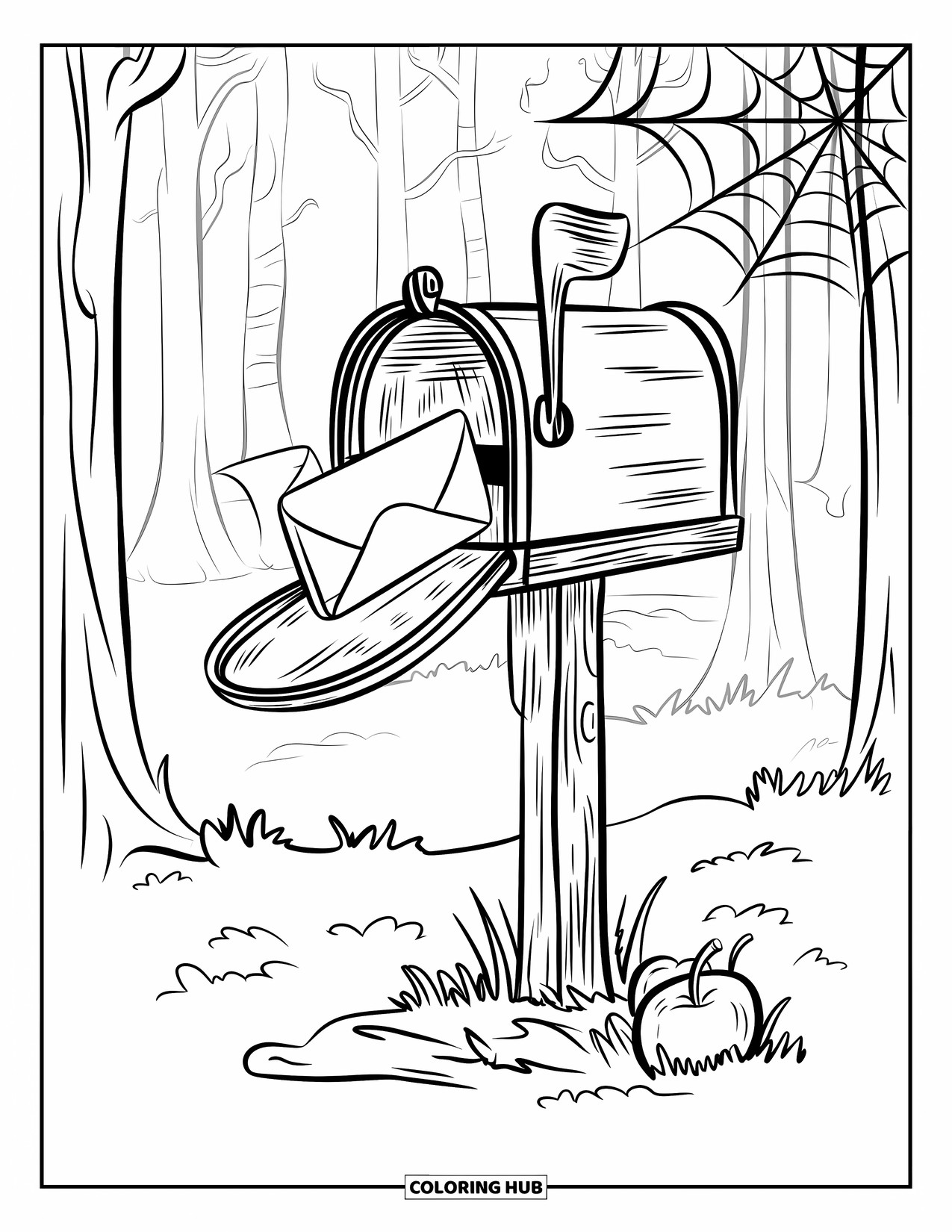 Gothic Coloring Page for Kids: A floating letter escapes a mailbox near cobwebs and fallen apples