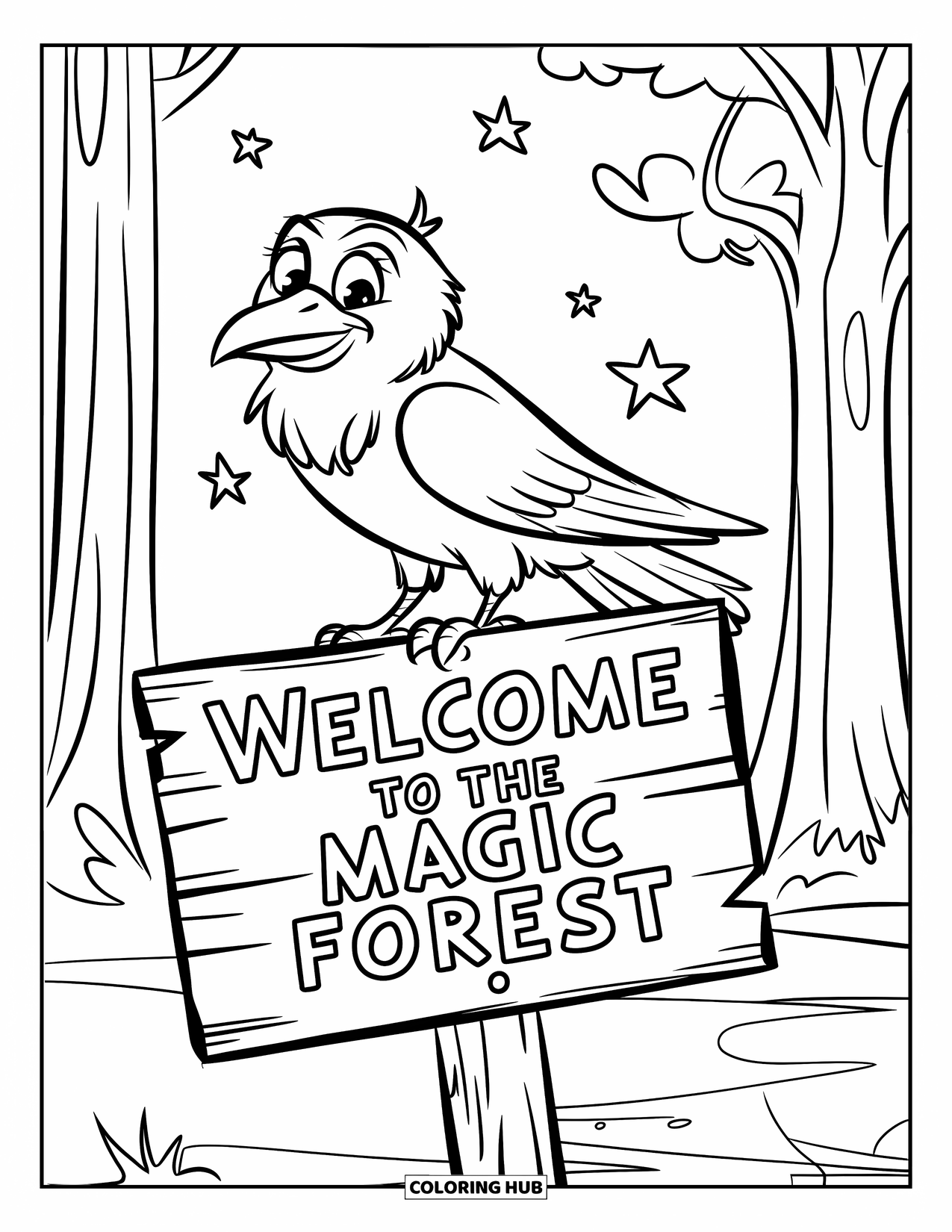 Gothic Coloring Page for Kids: A friendly raven sits on a sign marked "Welcome to the Magic Forest"