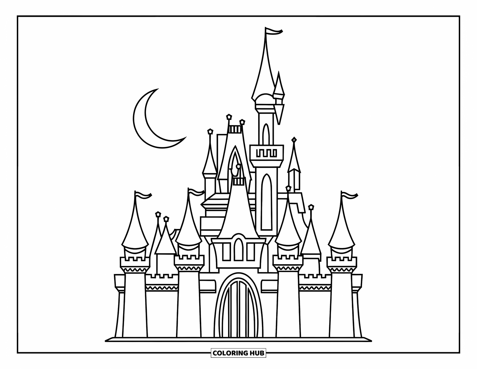 Gothic Coloring Page for Kids: A gothic castle with tall towers stands beneath a crescent moon