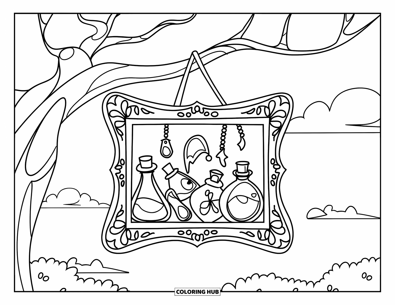 Gothic Coloring Page for Kids: A magical frame hangs from a tree, filled with potions and cloudy sky behind