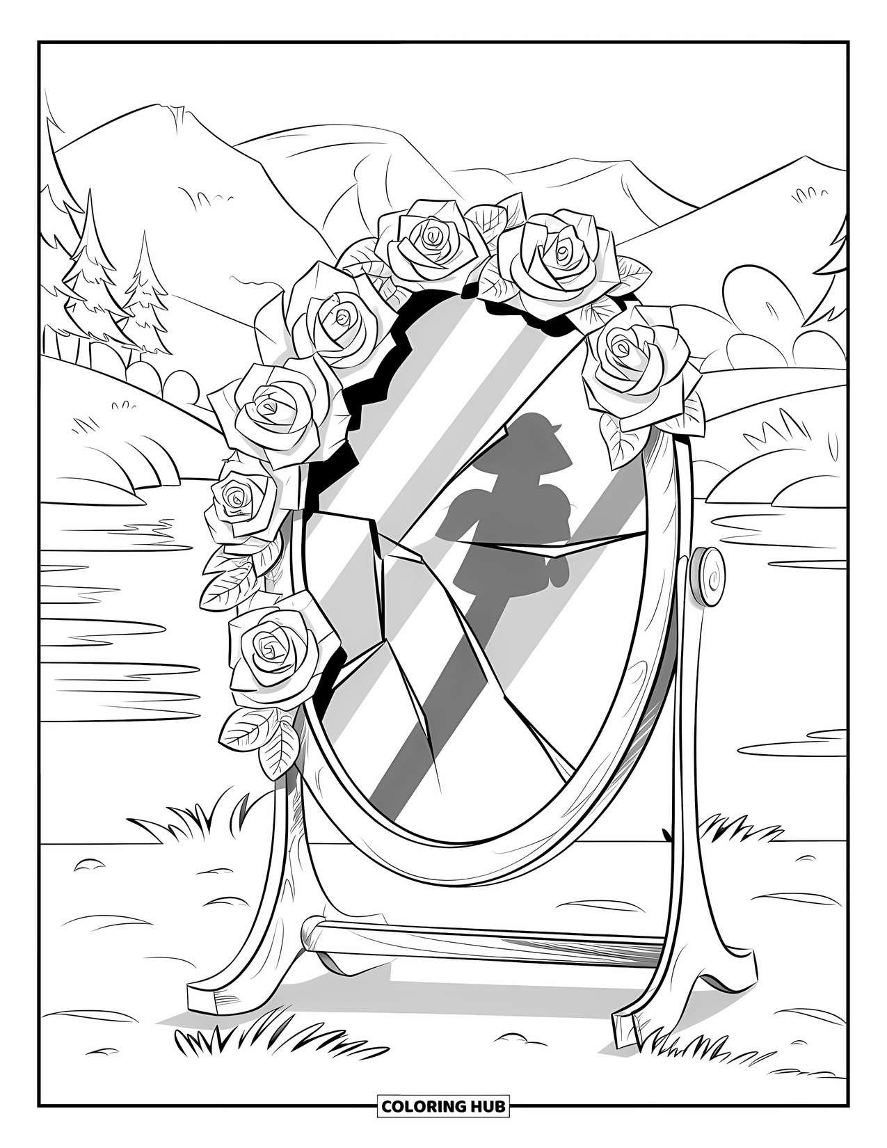 Gothic Coloring Page for Kids: A mirror with broken glass and roses stands by trees and mountains