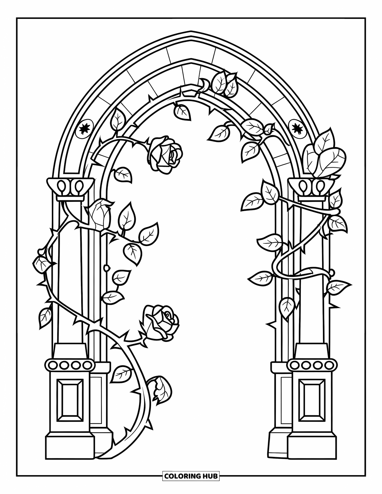 Gothic Coloring Page for Kids: A rose bush with thorns winds around a patterned archway and stone pillars