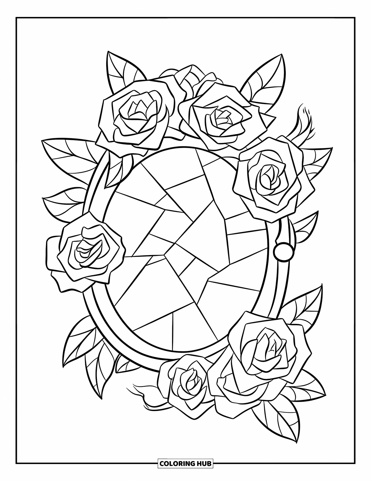 Gothic Coloring Page for Kids: A rose-wrapped mirror with cracks and a shadowed figure sits quietly