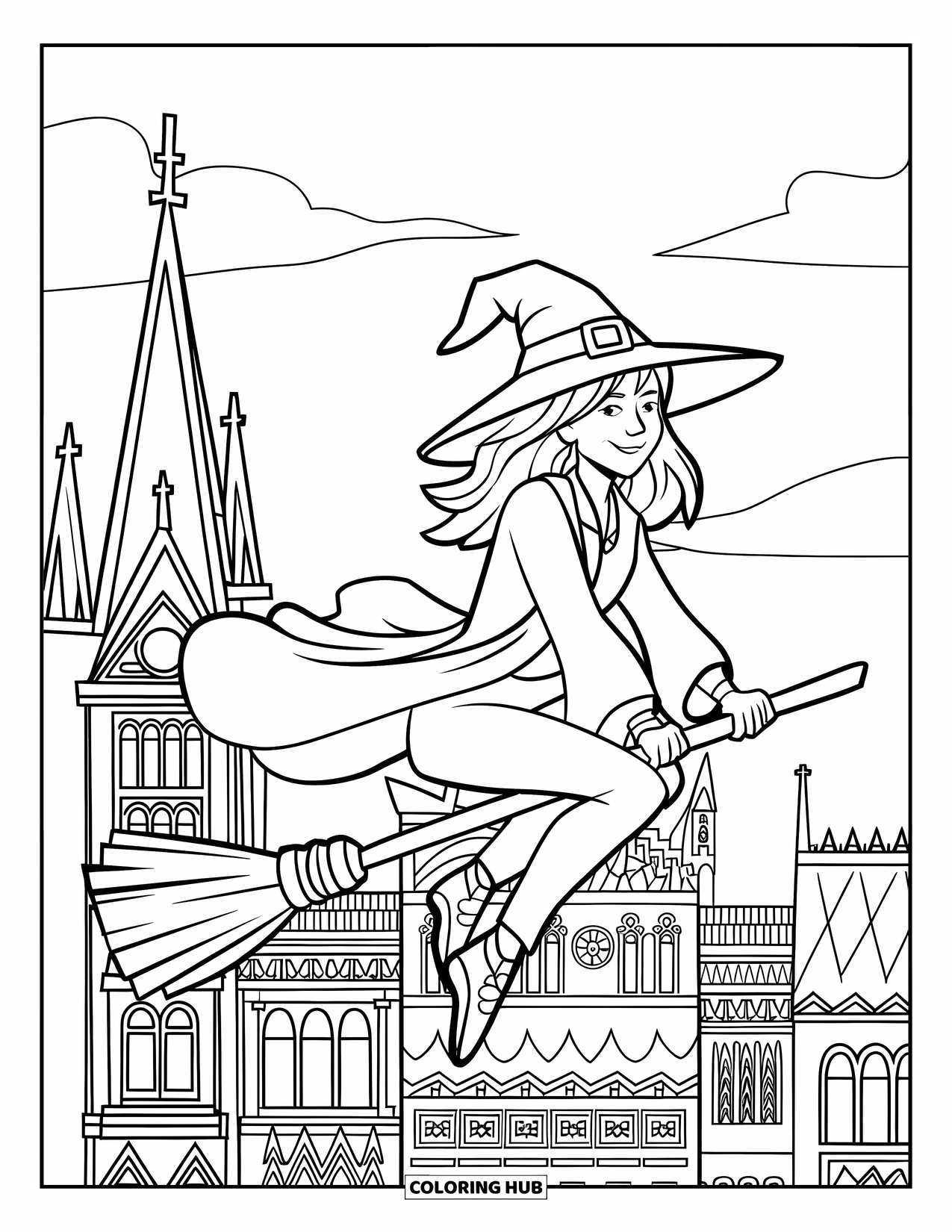 Gothic Coloring Page for Kids: A witch with a pointy hat glides over a city of tall, detailed rooftops