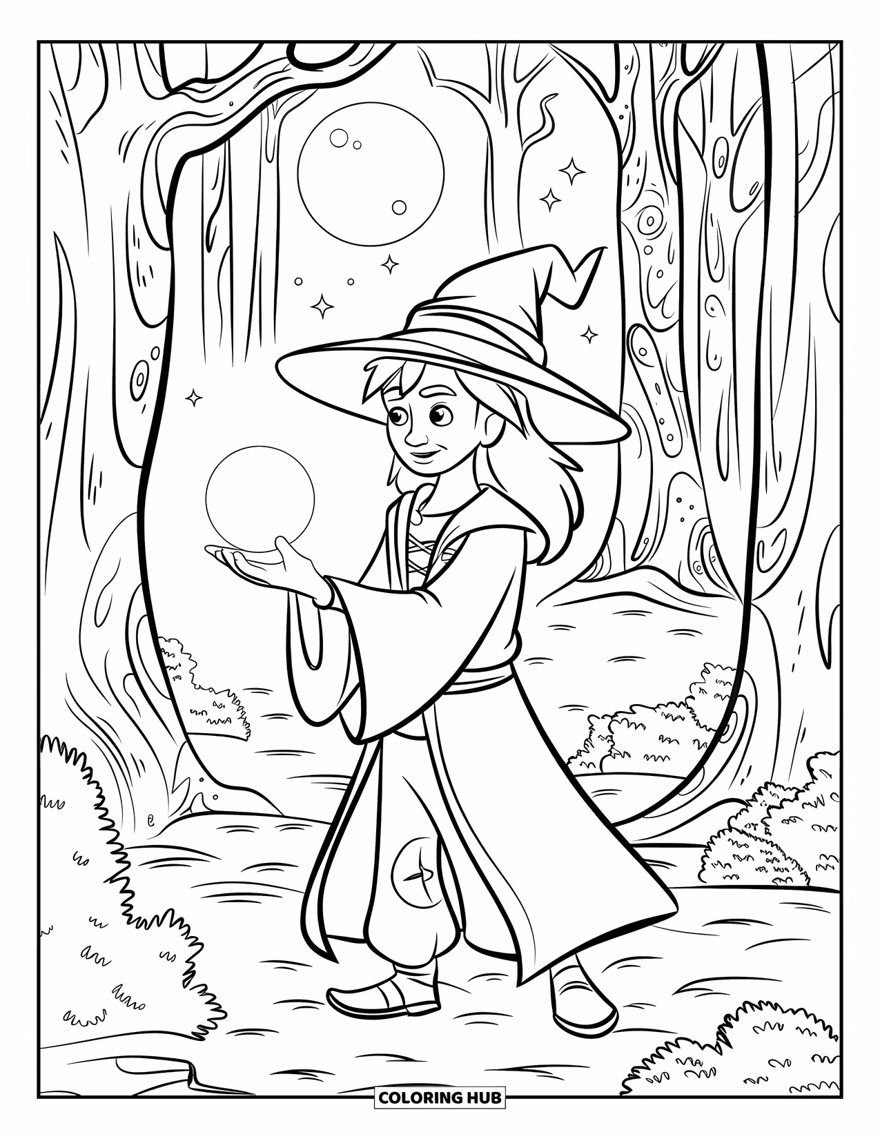 Gothic Coloring Page for Kids: A wizard with flowing hair holds a glowing orb in a starry, mossy forest
