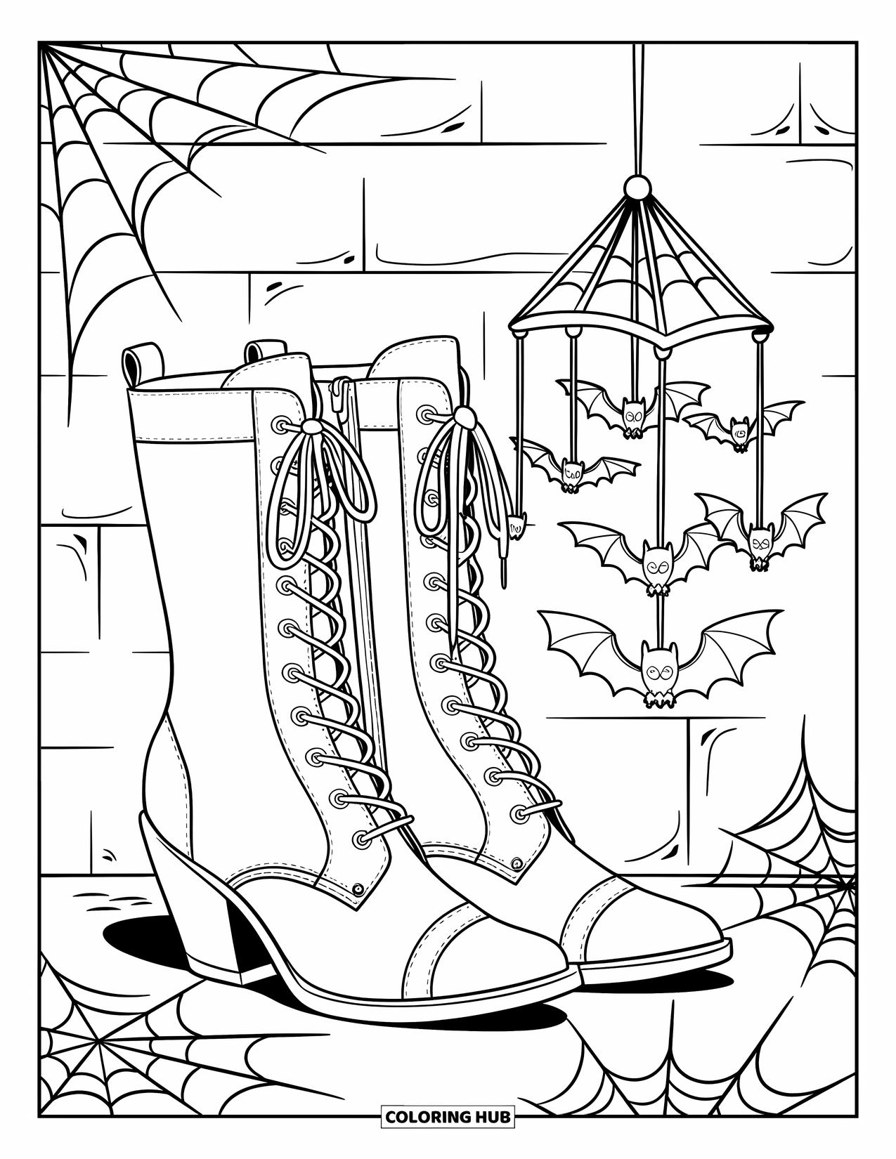 Gothic Coloring Page for Kids: High-heeled boots sit near a bat mobile made of webs and cobwebs