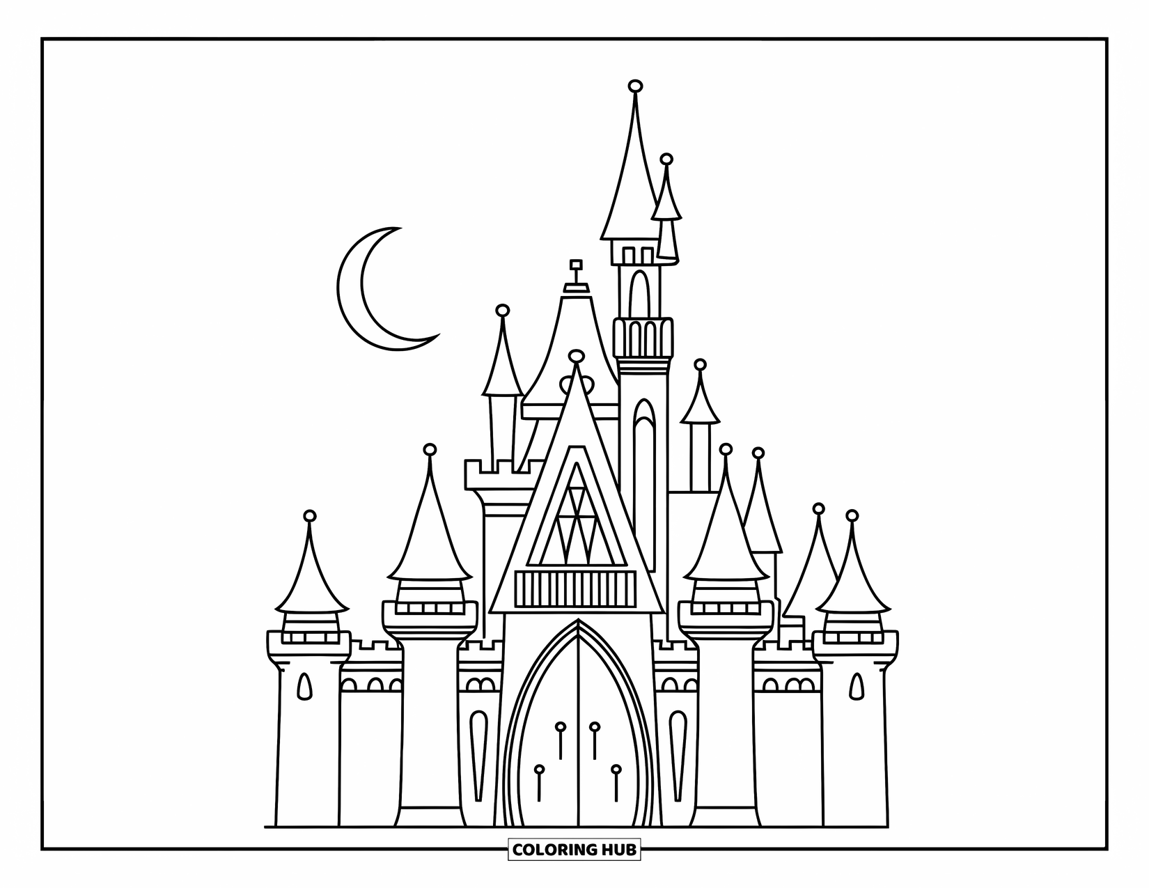 Gothic Coloring Page for Kids: Pointed towers and a big door welcome you to a quiet castle night
