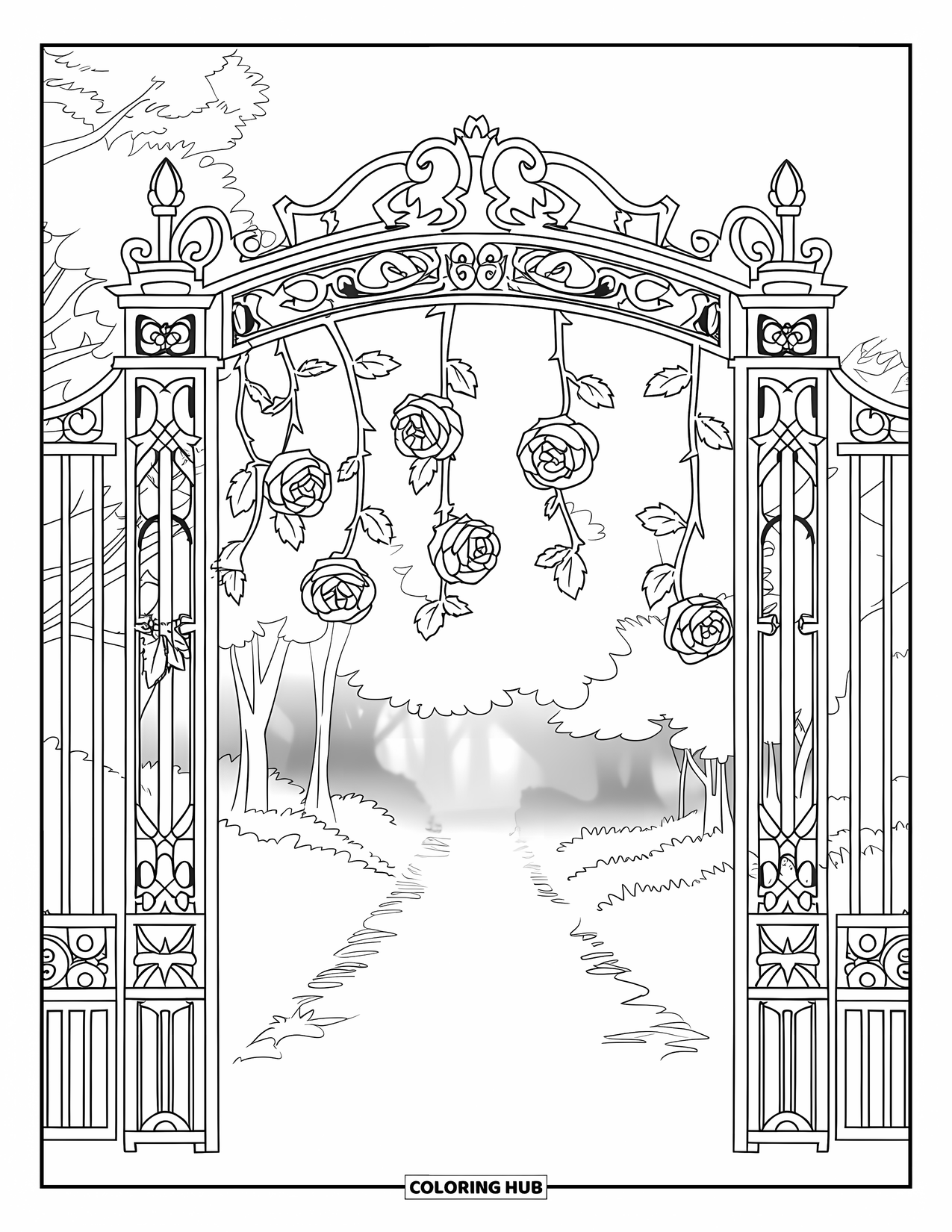 Gothic Coloring Page for Kids: Roses hang from an ornate gate as mist rolls down a quiet, winding path