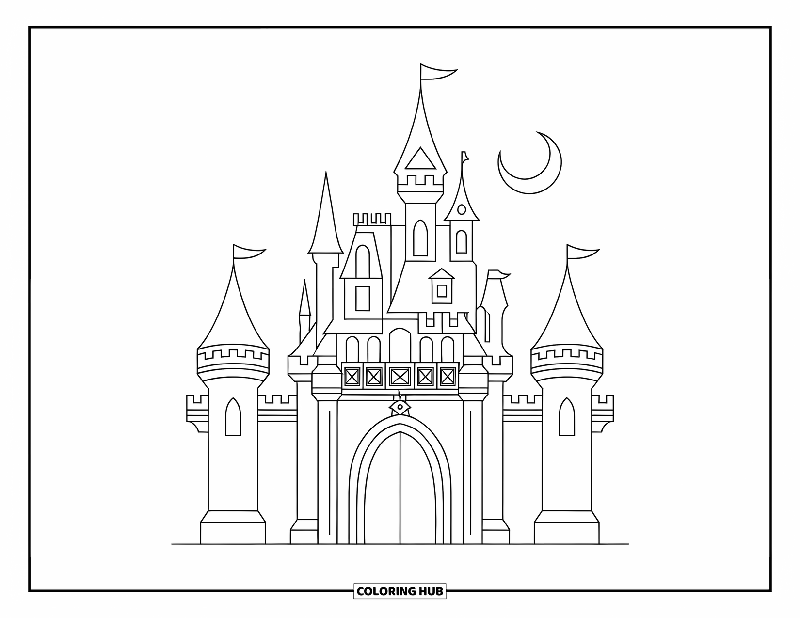 Gothic Coloring Page for Kids: Tall towers and a large door make this castle feel extra grand