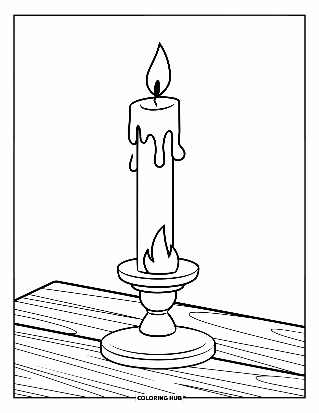 Gothic Coloring Page for Kids: Wax drips down a candle resting on a wooden table with a tiny flame below