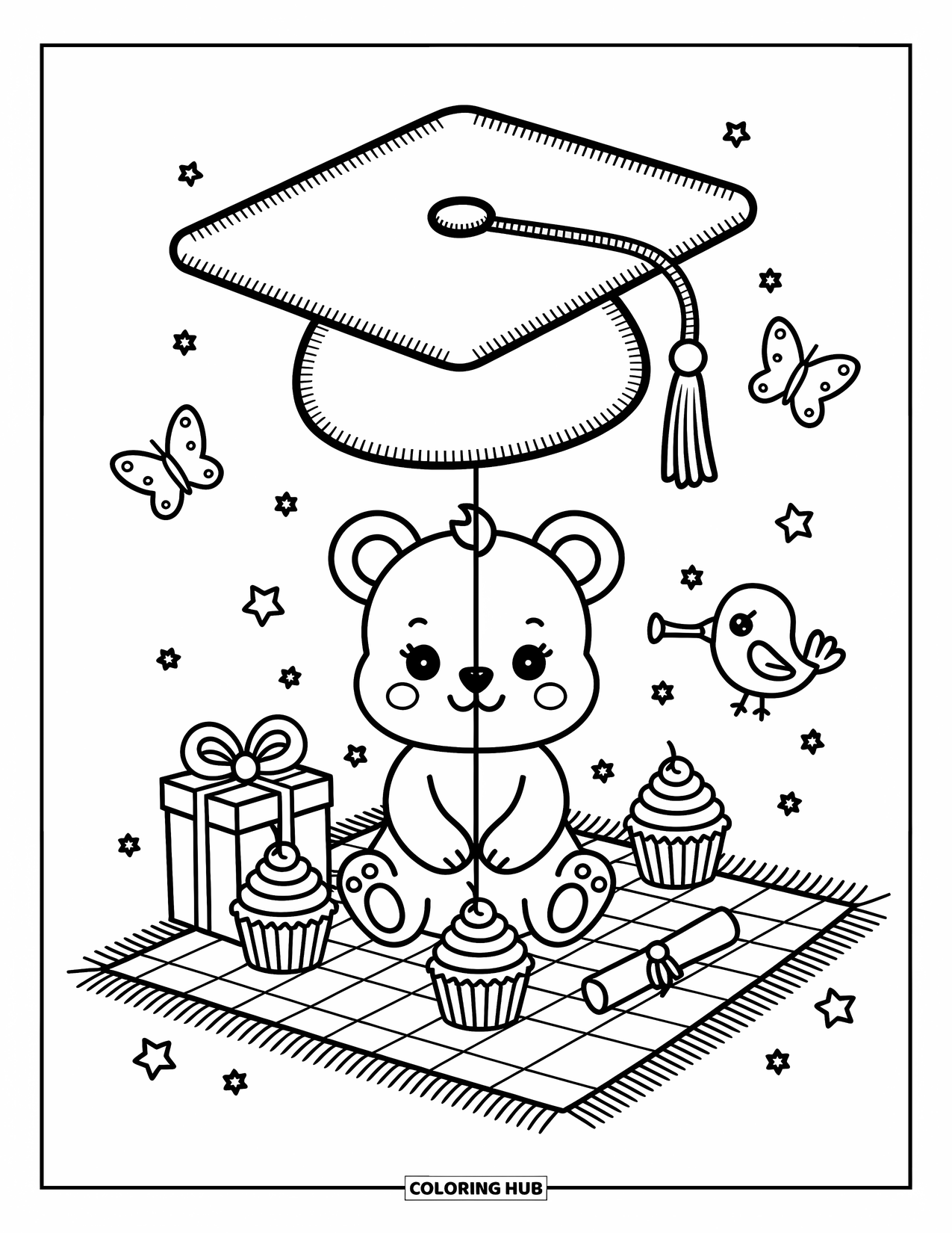 Graduation Coloring Page for Adults: A baby bear enjoys a picnic with a cap balloon, cupcakes, a gift box, and butterflies