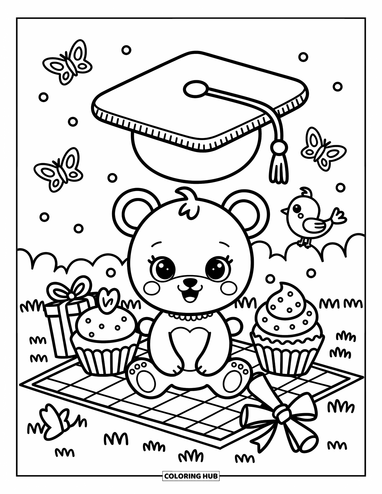 Graduation Coloring Page for Adults: A baby bear sits under a graduation cap balloon with cupcakes, gifts, butterflies, and a trumpet
