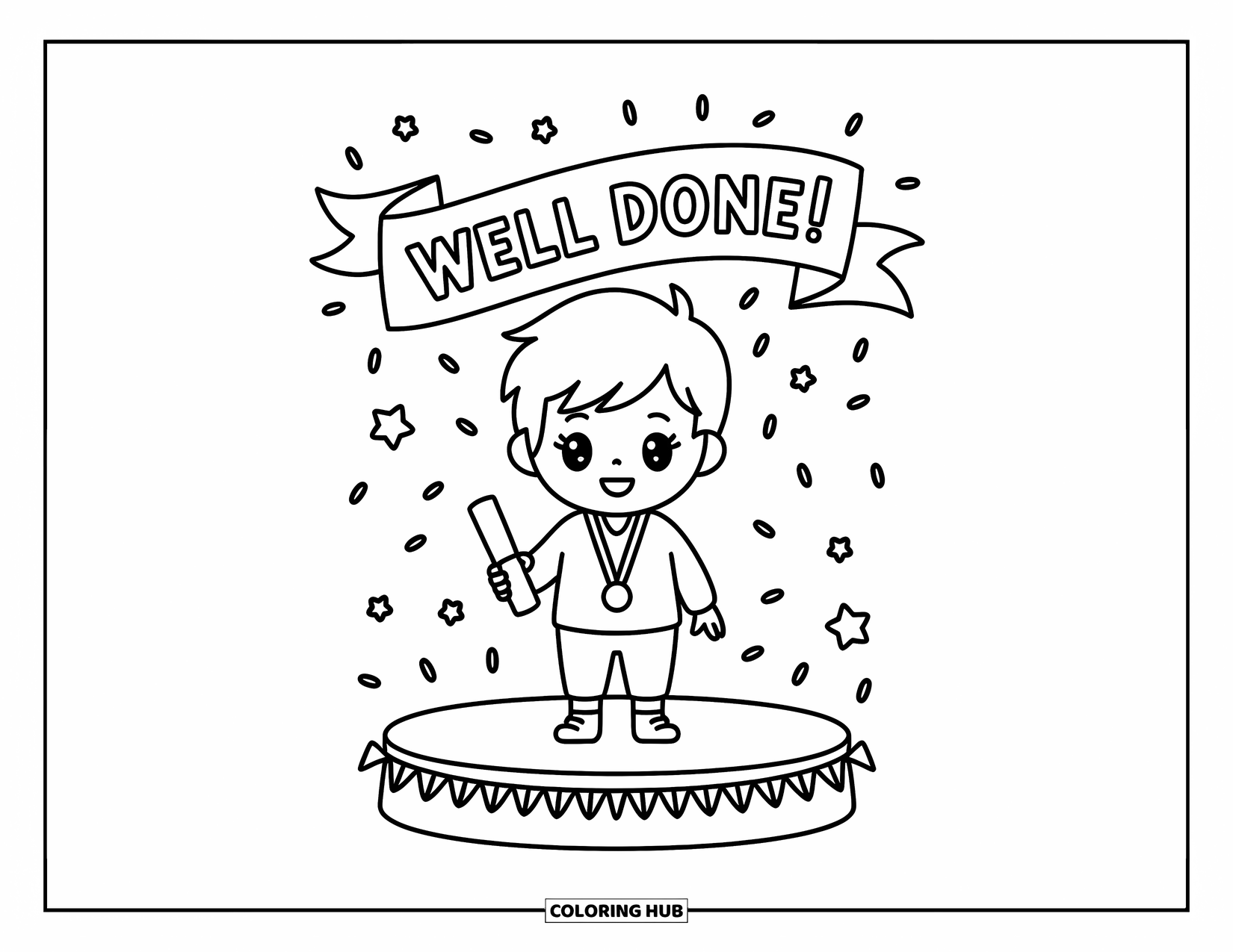 Graduation Coloring Page for Adults: A chibi boy celebrates on stage with a diploma, a medal, and a "Well Done!" banner