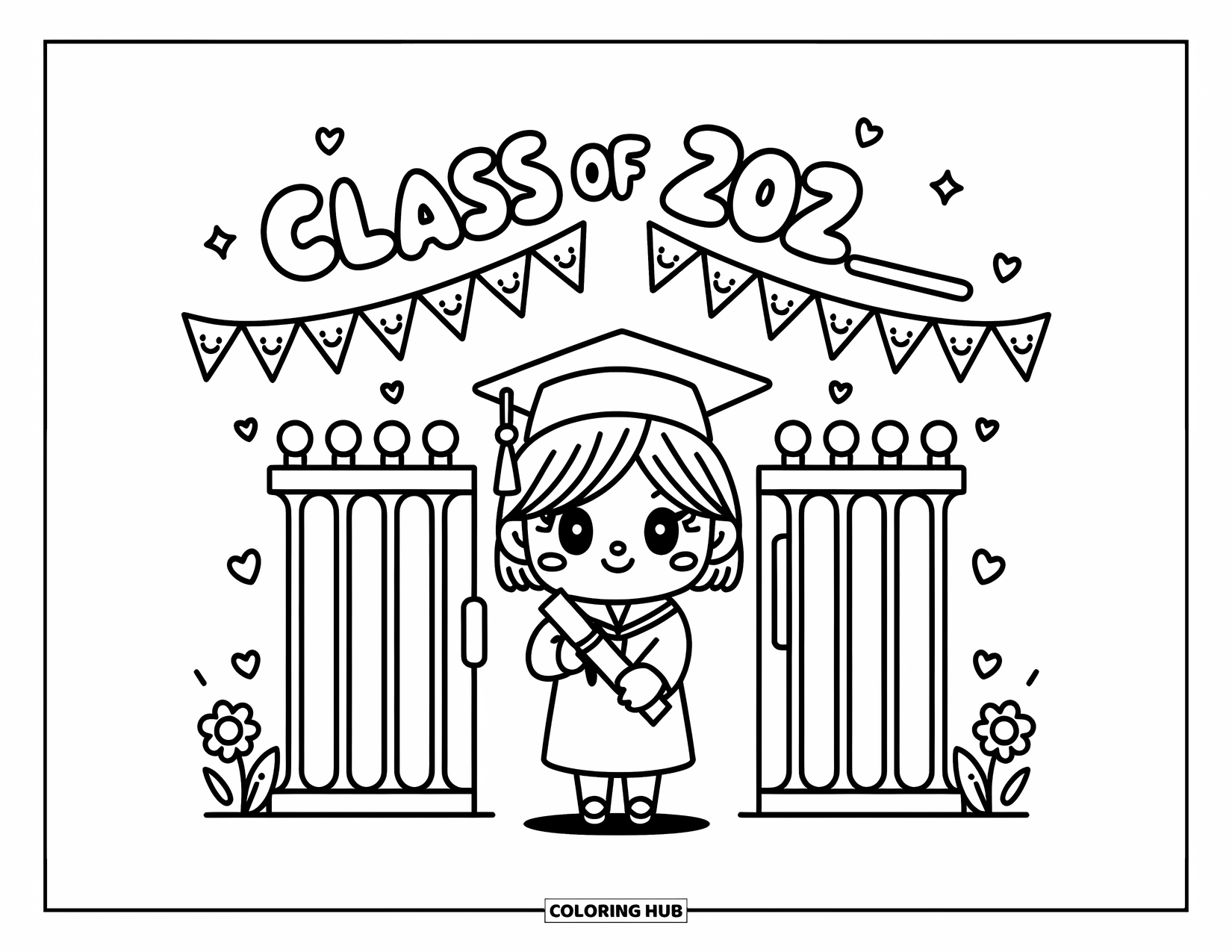 Graduation Coloring Page for Adults: A chibi girl holds a diploma near a festive gate with bunting and smiley stars