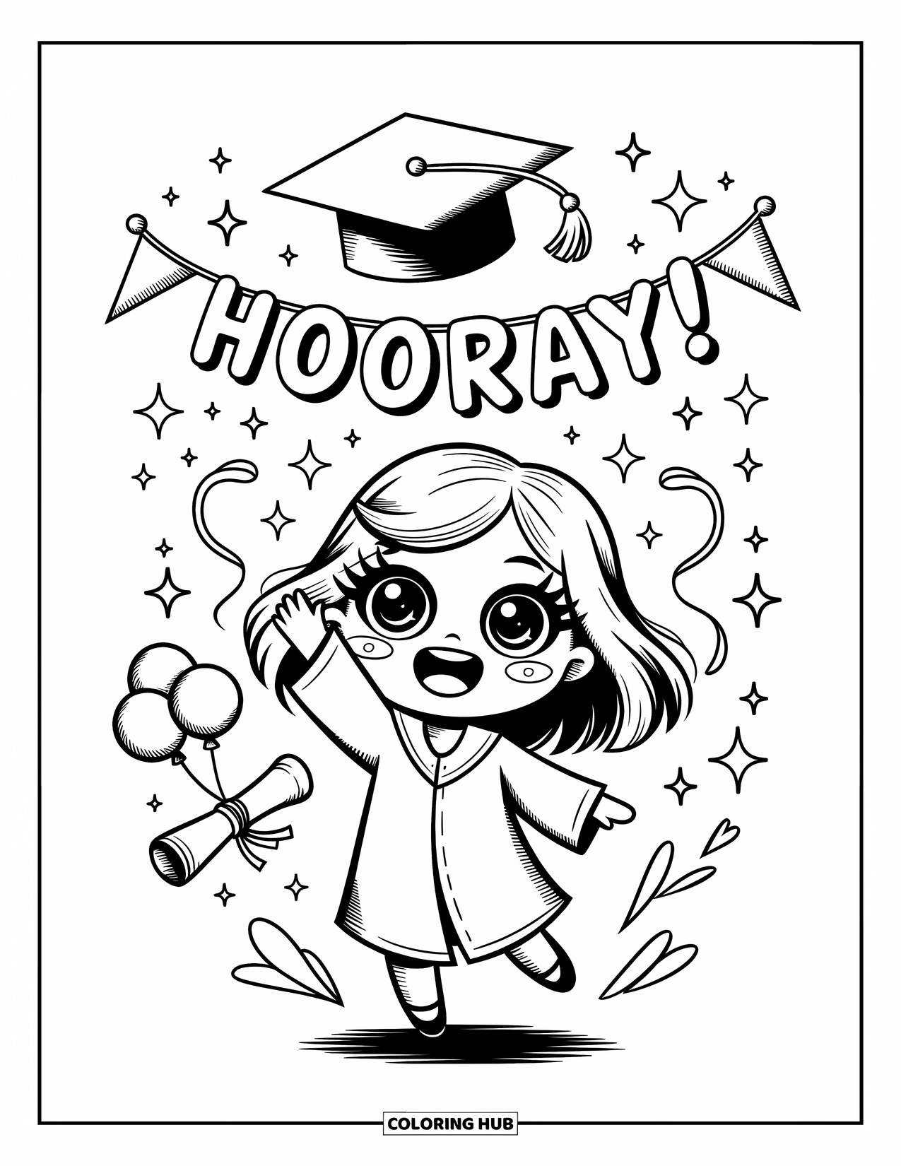 Graduation Coloring Page for Adults: A chibi girl smiles brightly as she tosses her cap, surrounded by balloons and sparkles