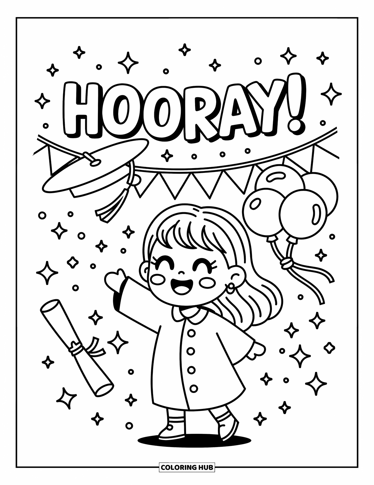 Graduation Coloring Page for Adults: A chibi girl tosses her cap with sparkles, streamers, and a "Hooray!" banner behind her