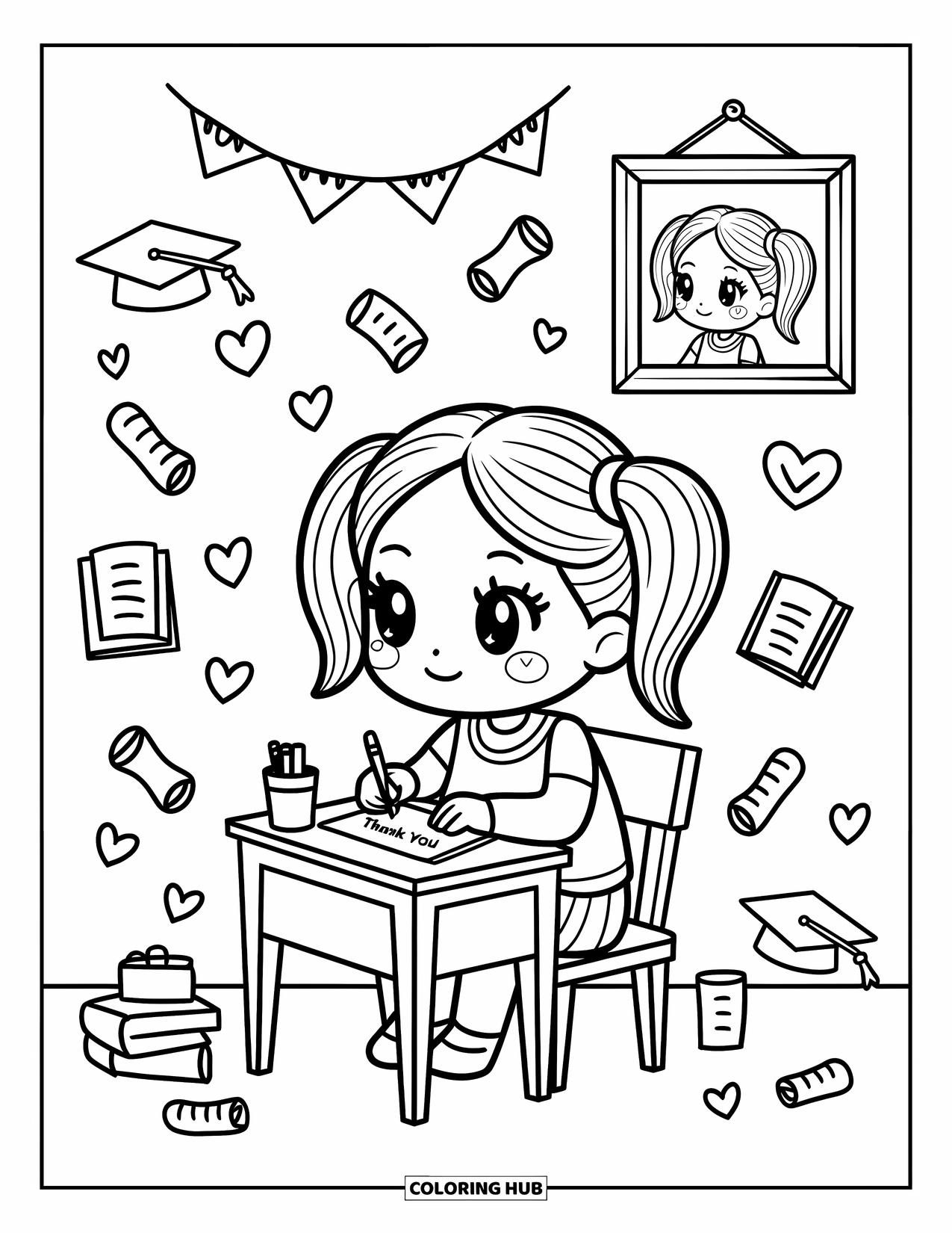 Graduation Coloring Page for Adults: A chibi girl writes a thank you card with floating graduation doodles around her