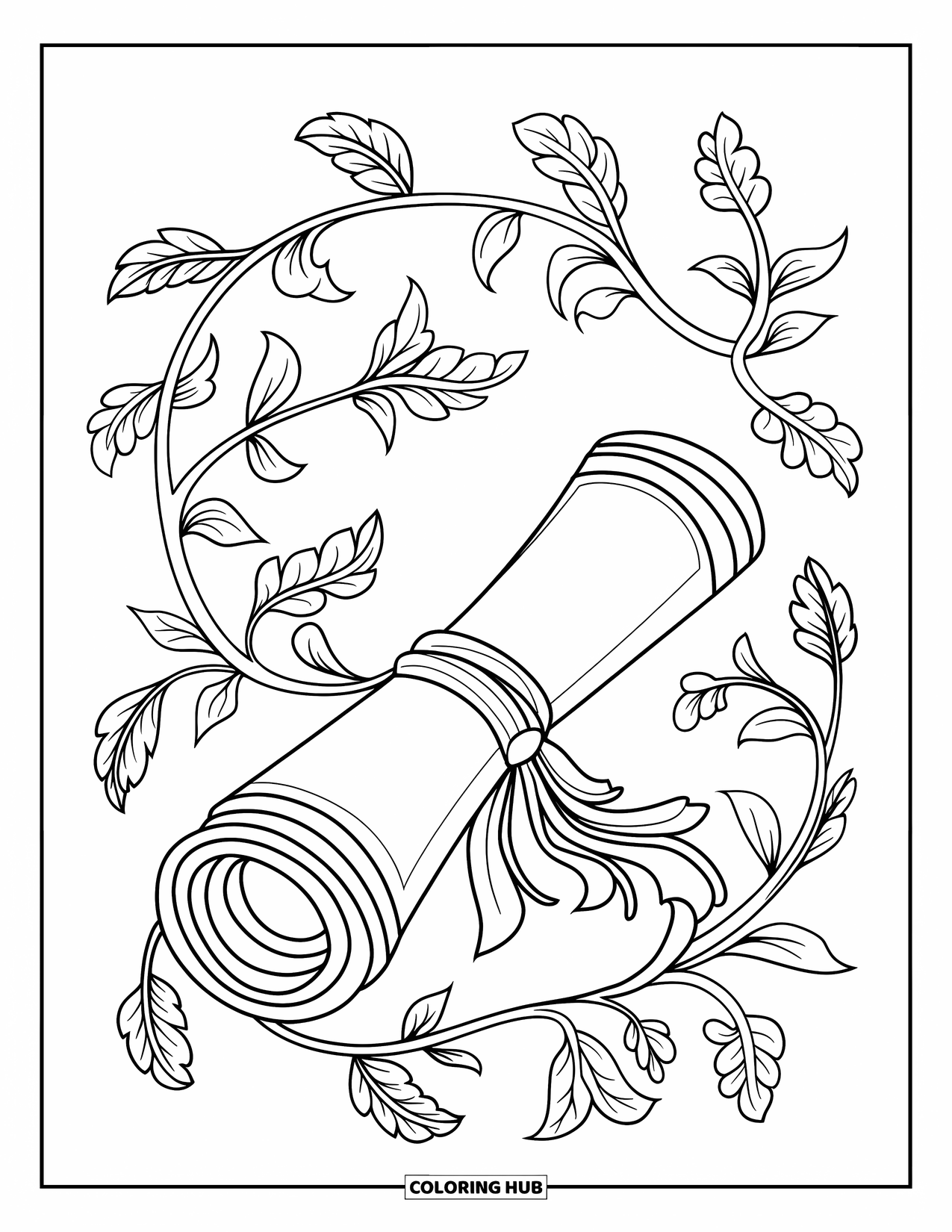 Graduation Coloring Page for Adults: A decorated diploma scroll surrounded by delicate vines and leaves