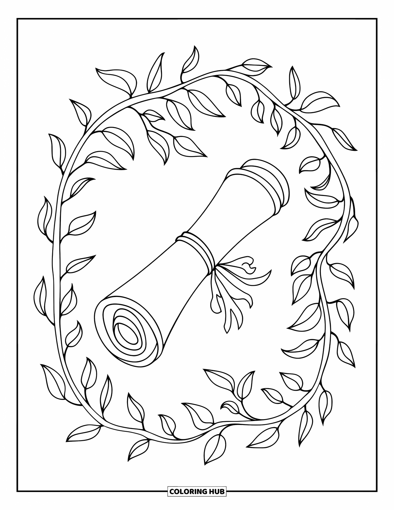 Graduation Coloring Page for Adults: A decorated diploma scroll wrapped in delicate vines and leaves