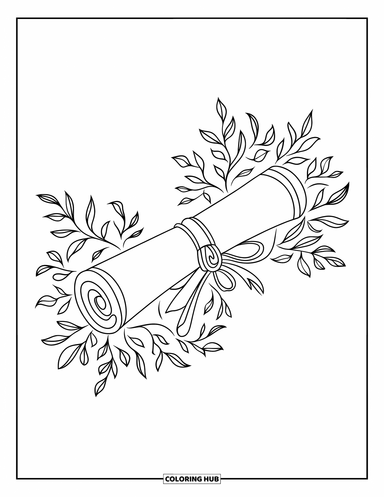 Graduation Coloring Page for Adults: A diploma scroll surrounded by flowing vines, leaves, and intricate designs