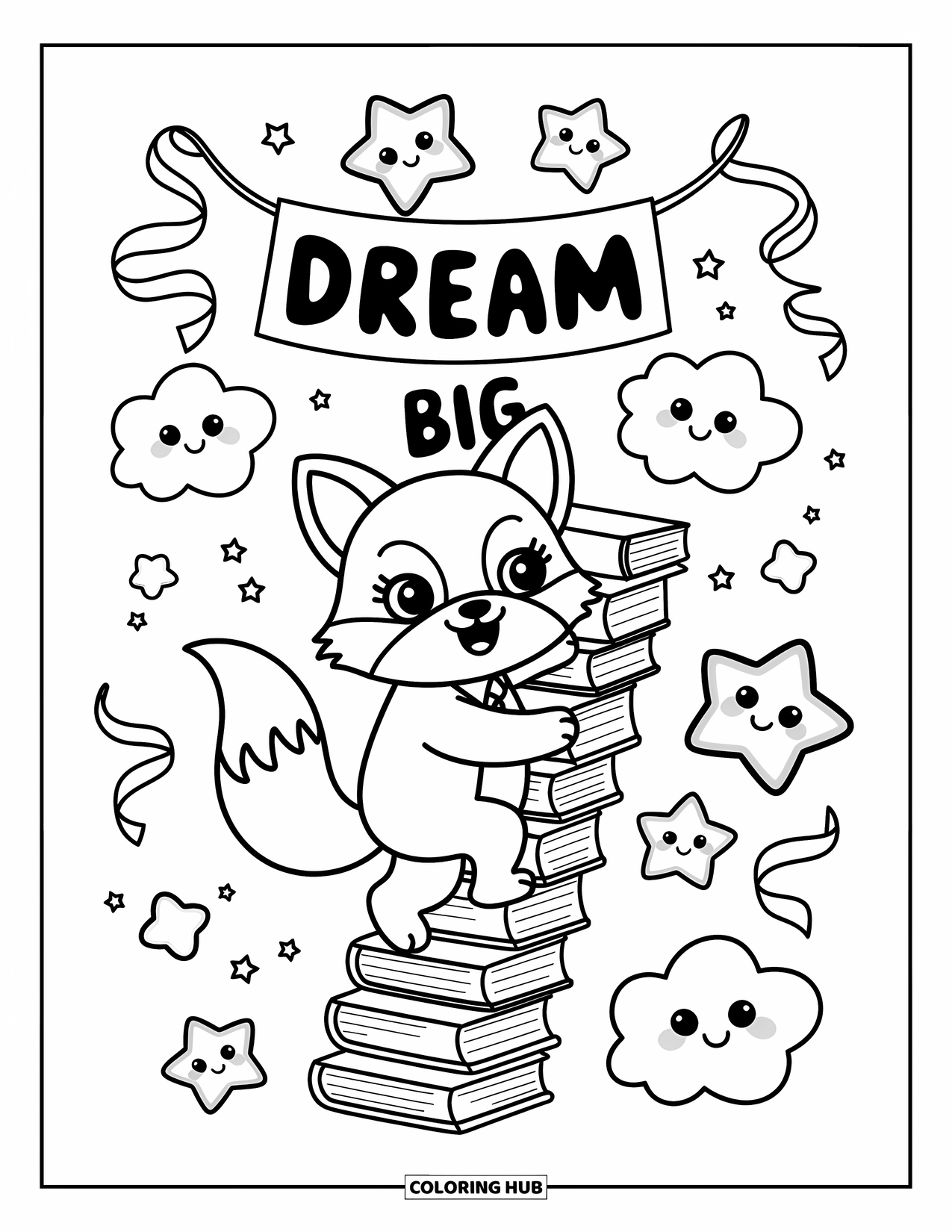Graduation Coloring Page for Adults: A fox in graduation attire climbs books, surrounded by clouds, ribbons, and smiling stars