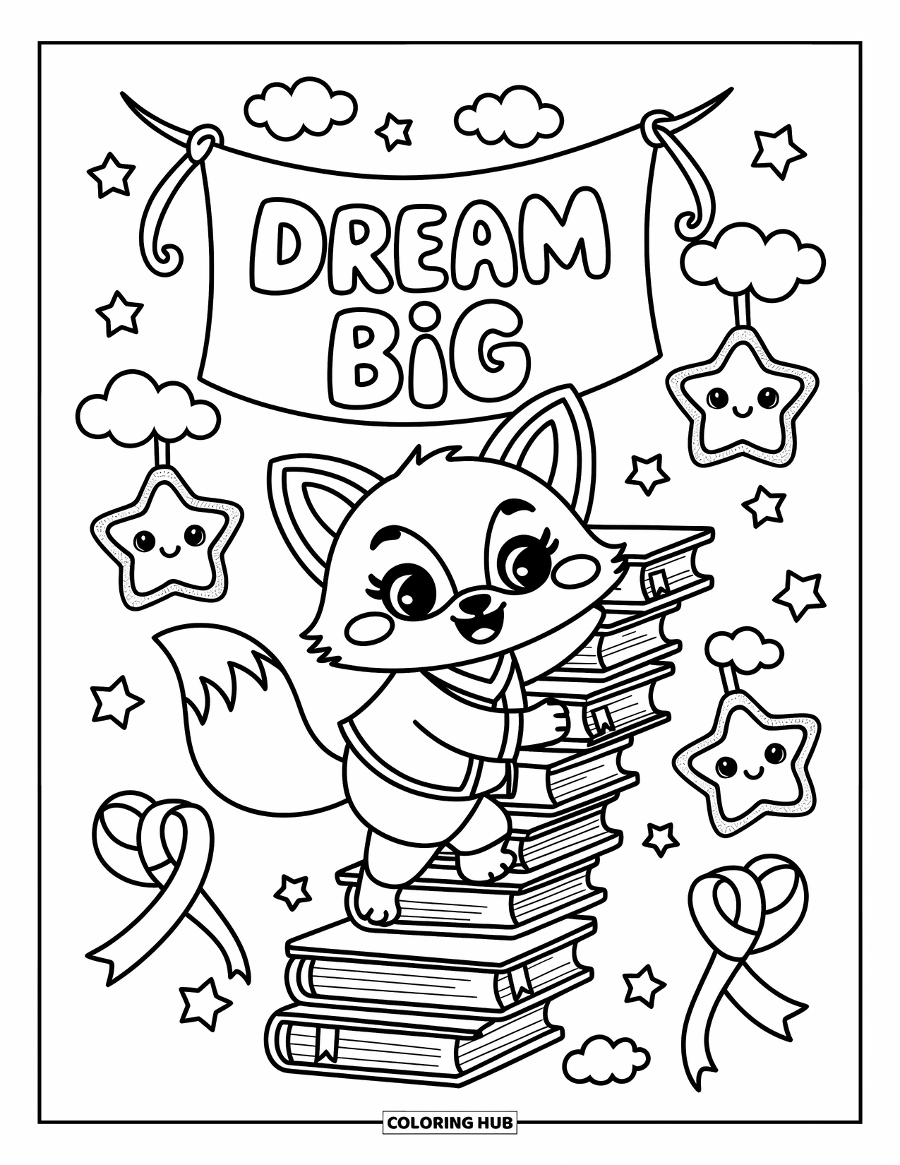 Graduation Coloring Page for Adults: A fox in graduation clothes climbs a book ladder, reaching for a "Dream Big" banner