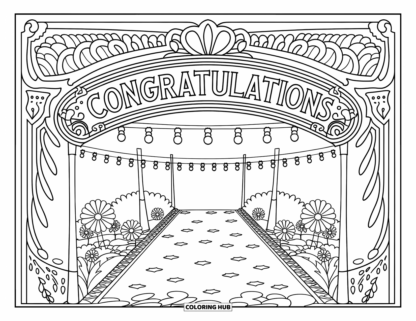 Graduation Coloring Page for Adults: A garden pathway with hanging lights, flowers, and a "Congratulations" banner overhead