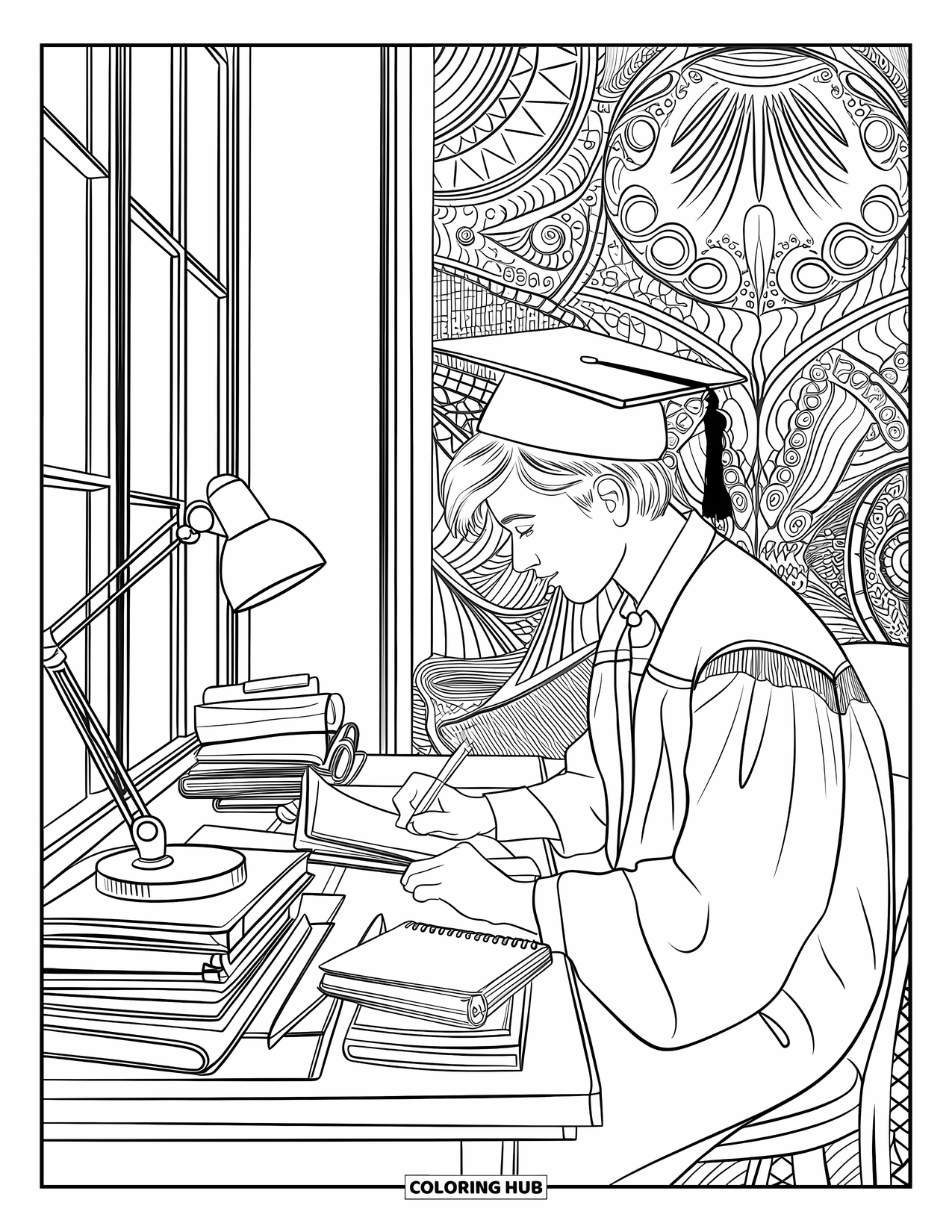 Graduation Coloring Page for Adults: A graduate writes at a desk filled with textbooks, a lamp, and decorative patterns