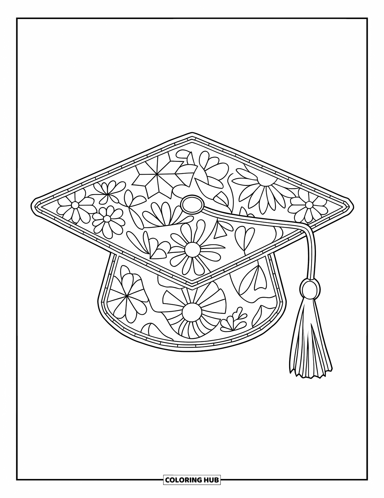 Graduation Coloring Page for Adults: A graduation cap filled with floral, star, and geometric patterns