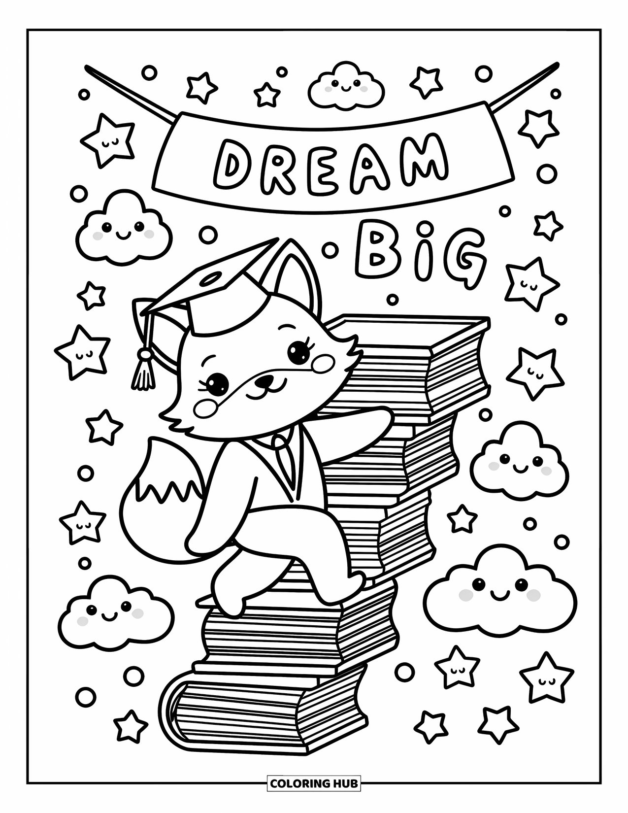 Graduation Coloring Page for Adults: A kawaii fox in graduation clothes climbs a book ladder toward a playful "Dream Big" sign