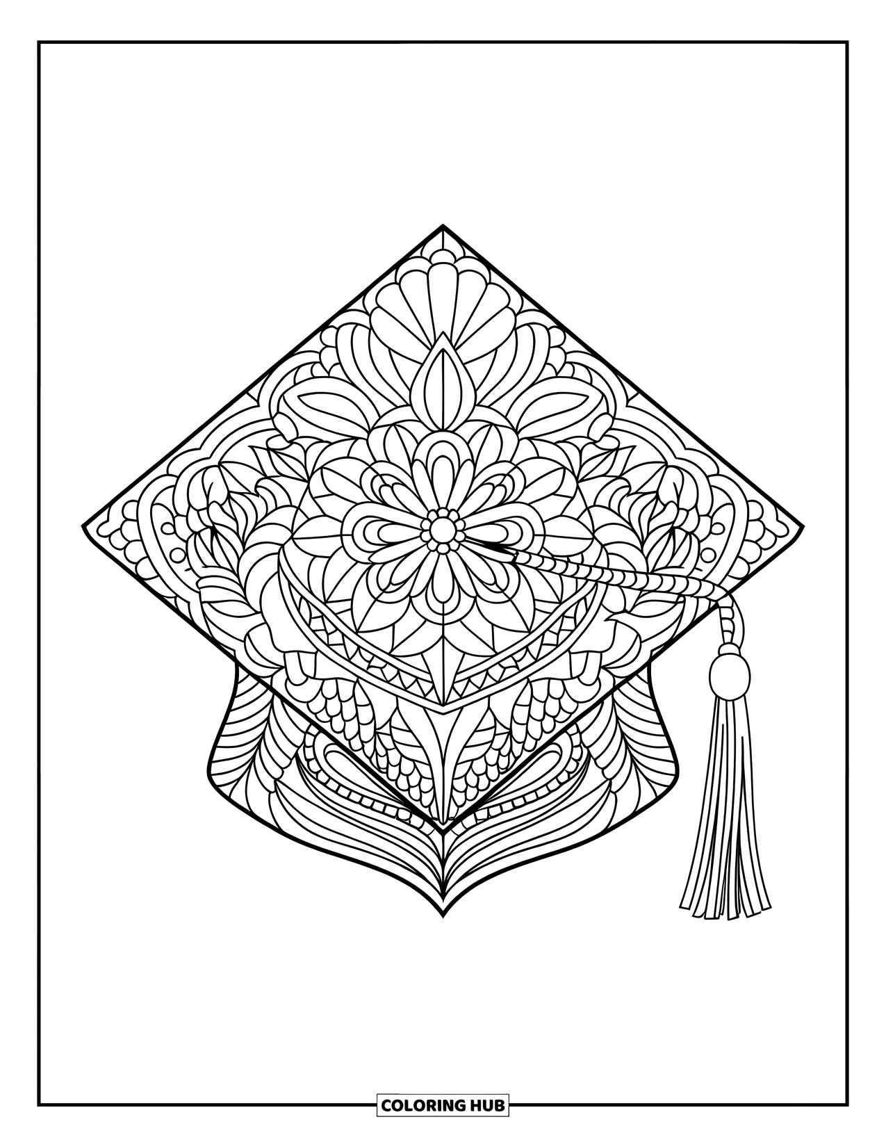 Graduation Coloring Page for Adults: An intricate graduation cap with floral, star, and geometric designs