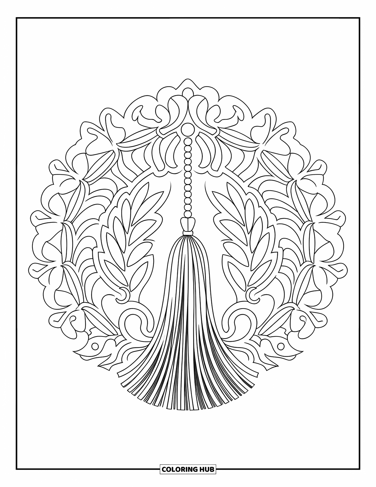 Graduation Coloring Page for Adults: An intricate mandala combining a tassel, laurel wreath, scroll, and detailed artistic patterns