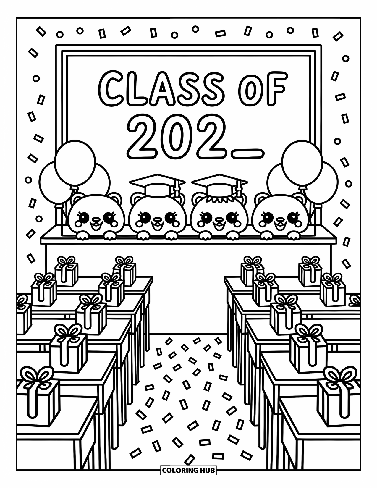 Graduation Coloring Page for Adults: Chibi animals in graduation caps peek from balloons in a classroom with confetti and gifts