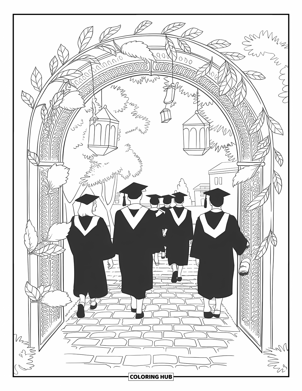 Graduation Coloring Page for Adults: Graduates in gowns walk through an archway with lanterns, trees, and buildings nearby