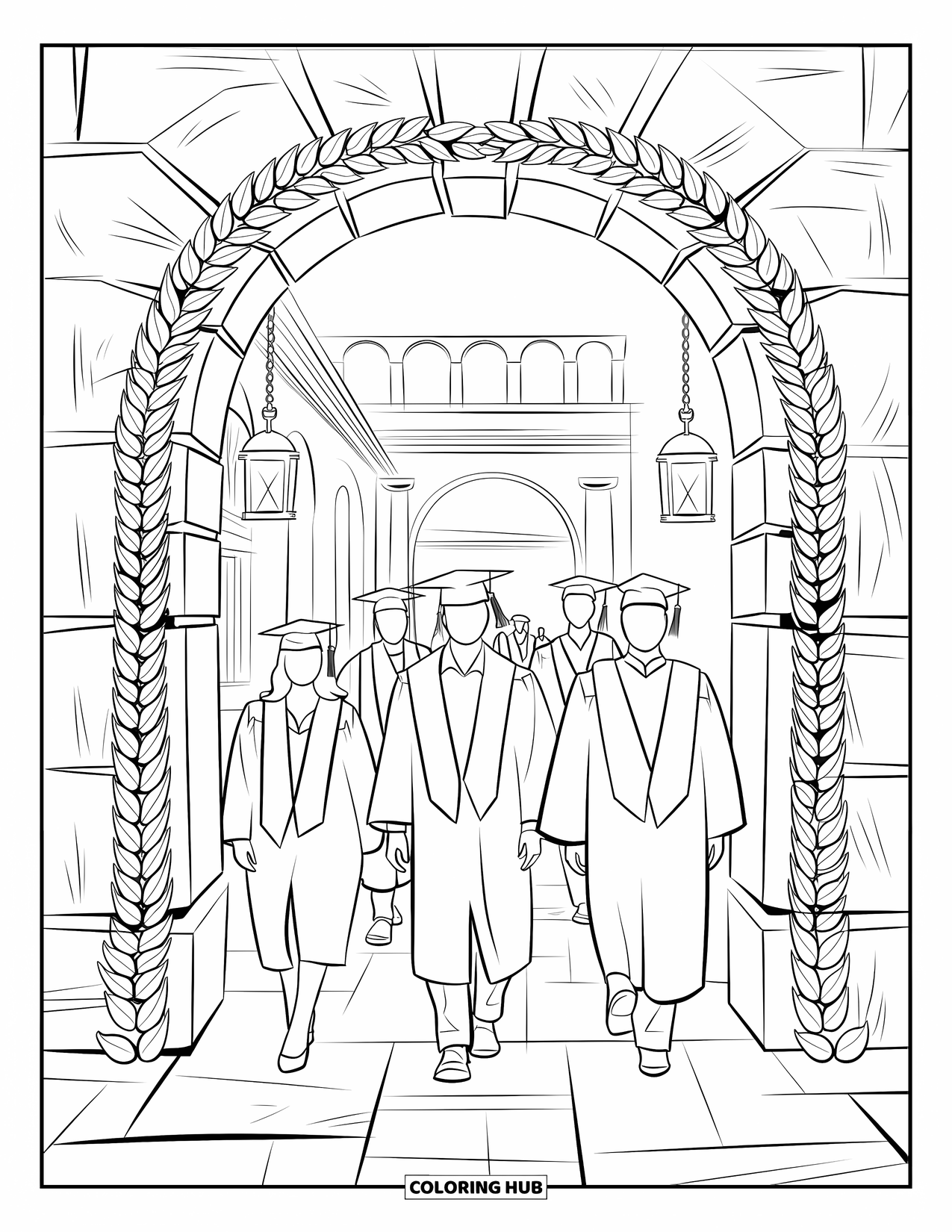 Graduation Coloring Page for Adults: Graduates walk through a stone courtyard archway with surrounding buildings and more arches