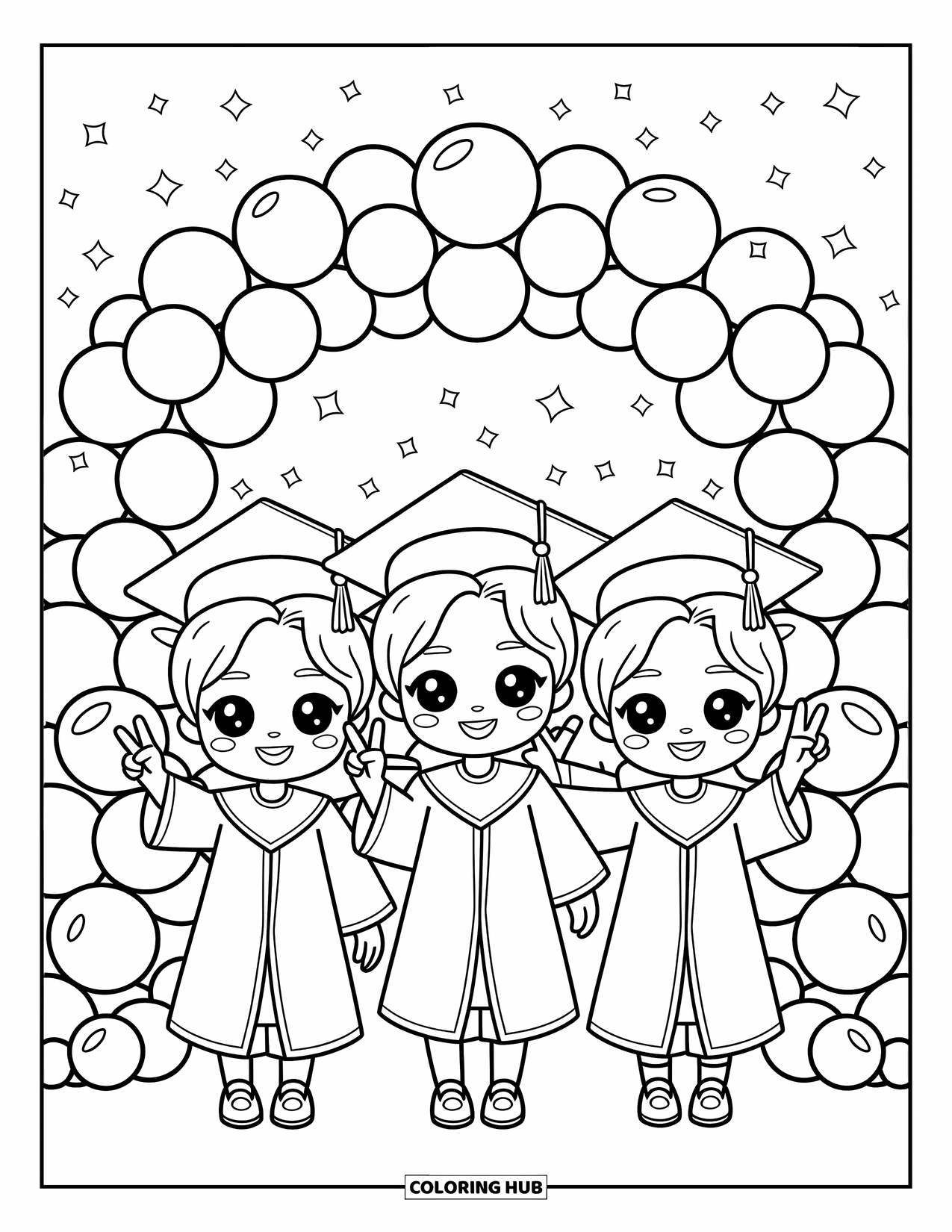 Graduation Coloring Page for Adults: Three chibi classmates pose with peace signs under a balloon and star arch with confetti