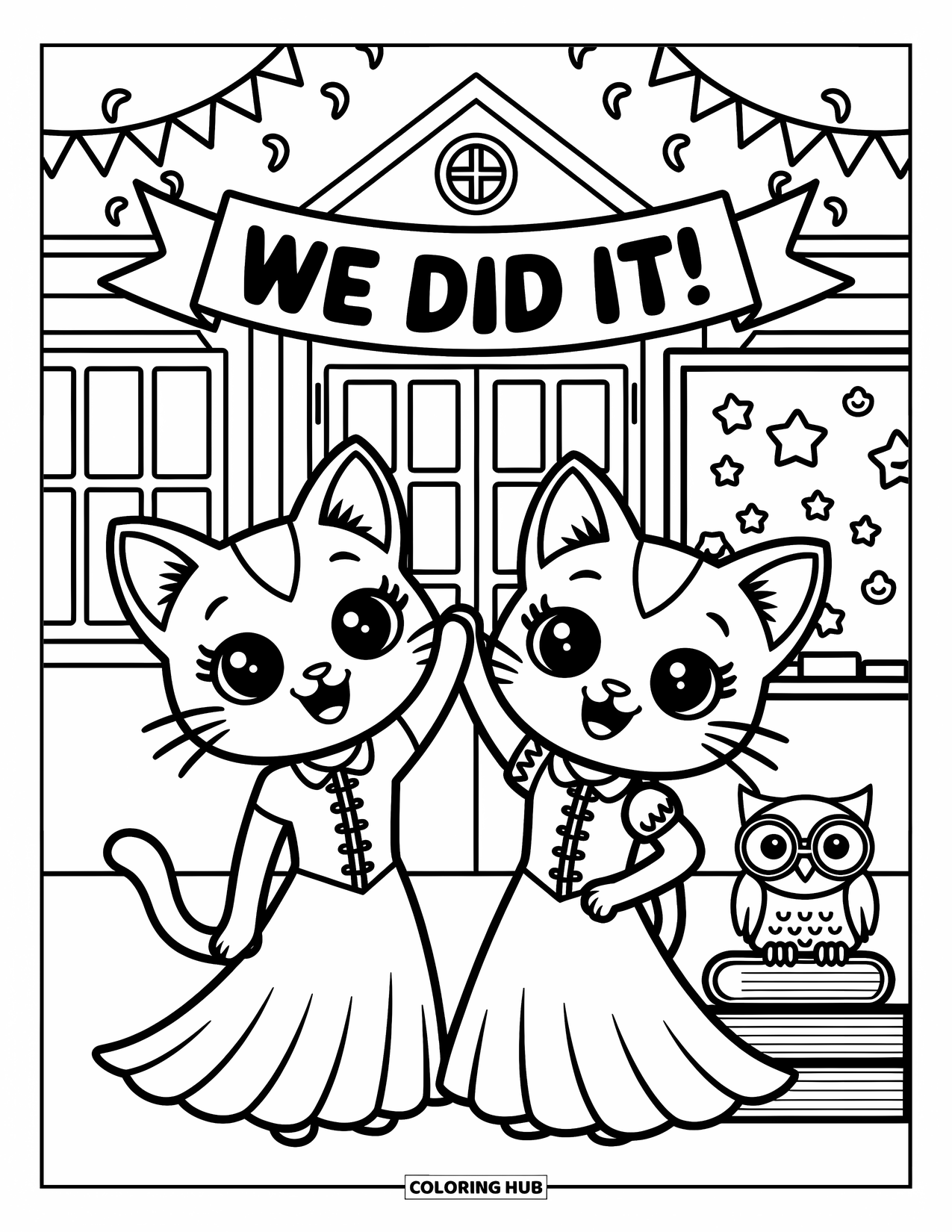 Graduation Coloring Page for Adults: Two kawaii cats high-five under streamers, with a tiny owl and playful chalkboard doodles nearby