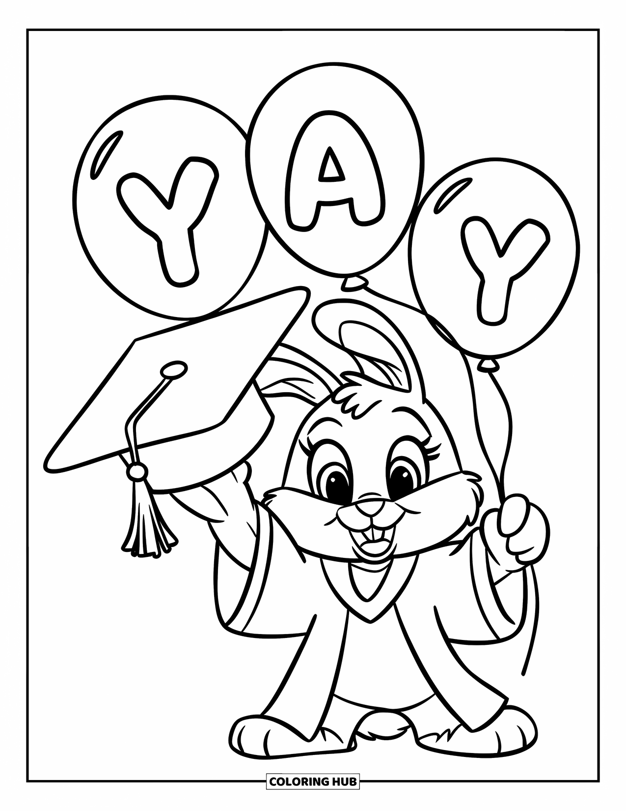Graduation Coloring Page for Kids: A cheerful bunny wearing a gown holds "YAY" balloons next to a graduation cap