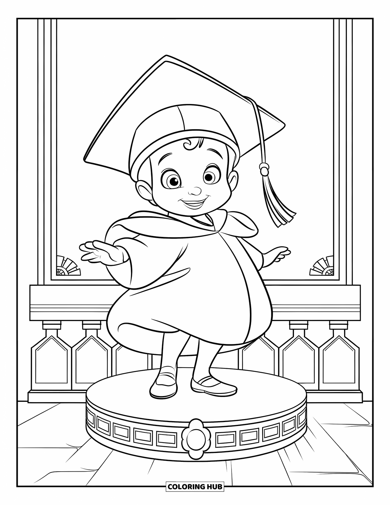 Graduation Coloring Page for Kids: A cheerful child in an oversized cap and gown stands on a decorated podium with a cozy feel