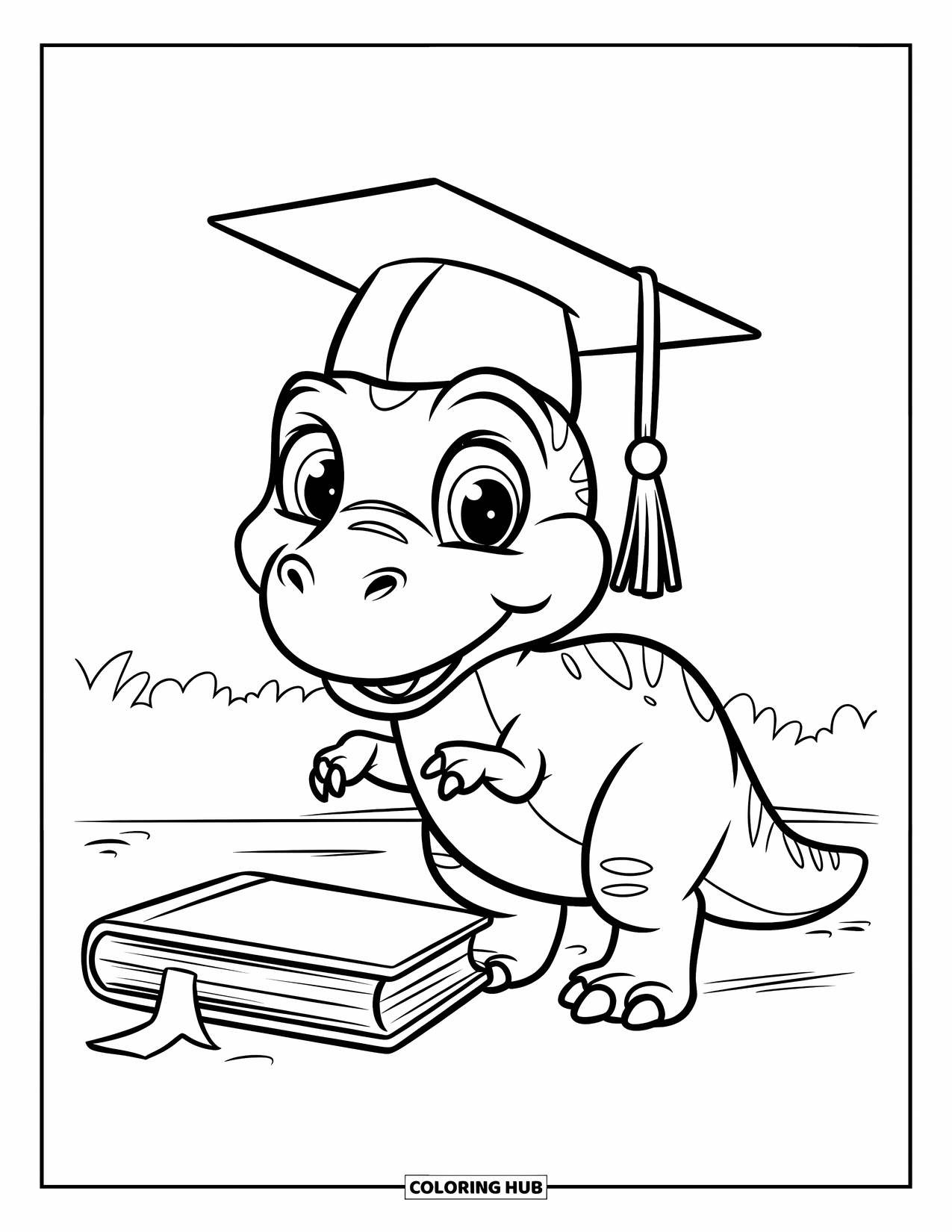 Graduation Coloring Page for Kids: A cheerful dinosaur in a mortarboard stands beside a book with a big smile