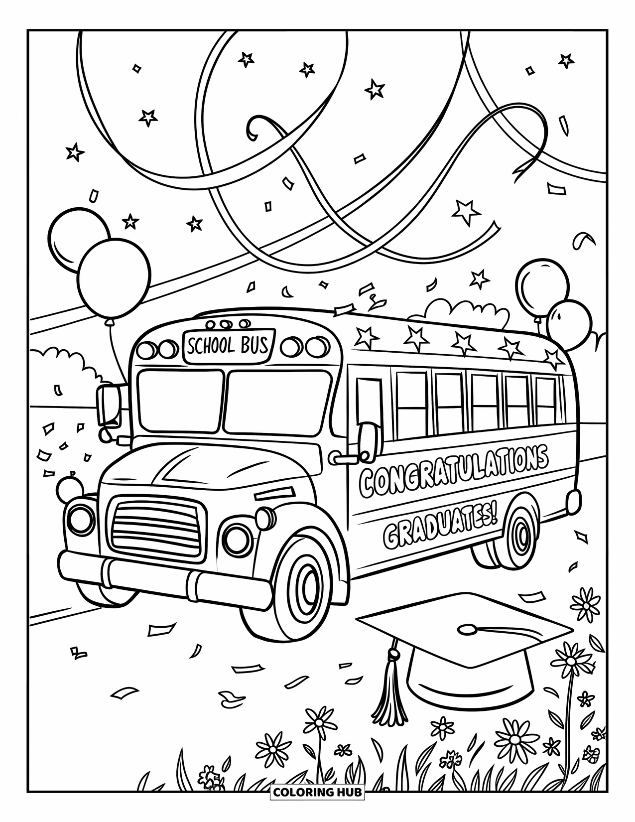 Graduation Coloring Page for Kids: A cheerful school bus with balloons and confetti stands in a field of wildflowers