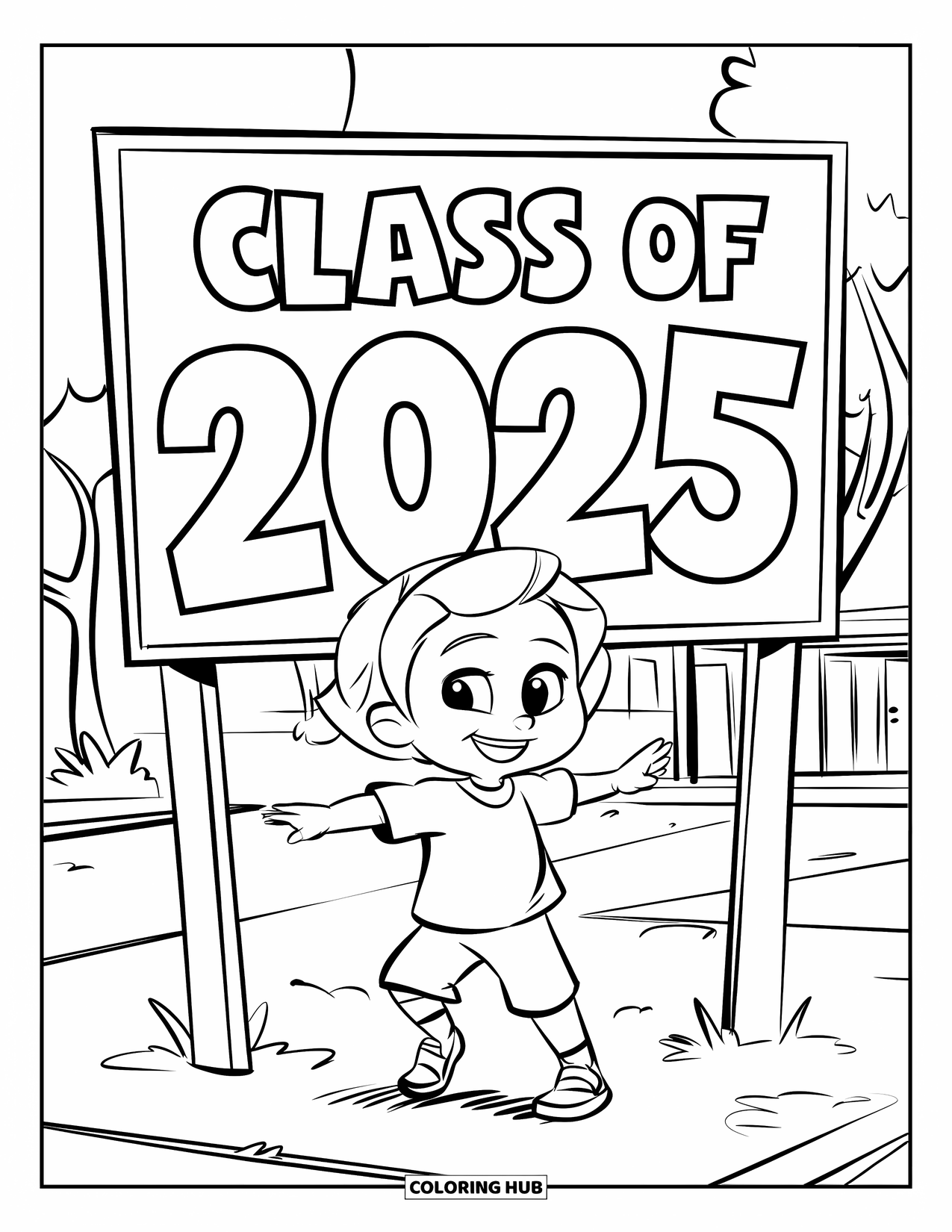 Graduation Coloring Page for Kids: A child dances happily under a "Class of 2025" sign with trees and a building behind