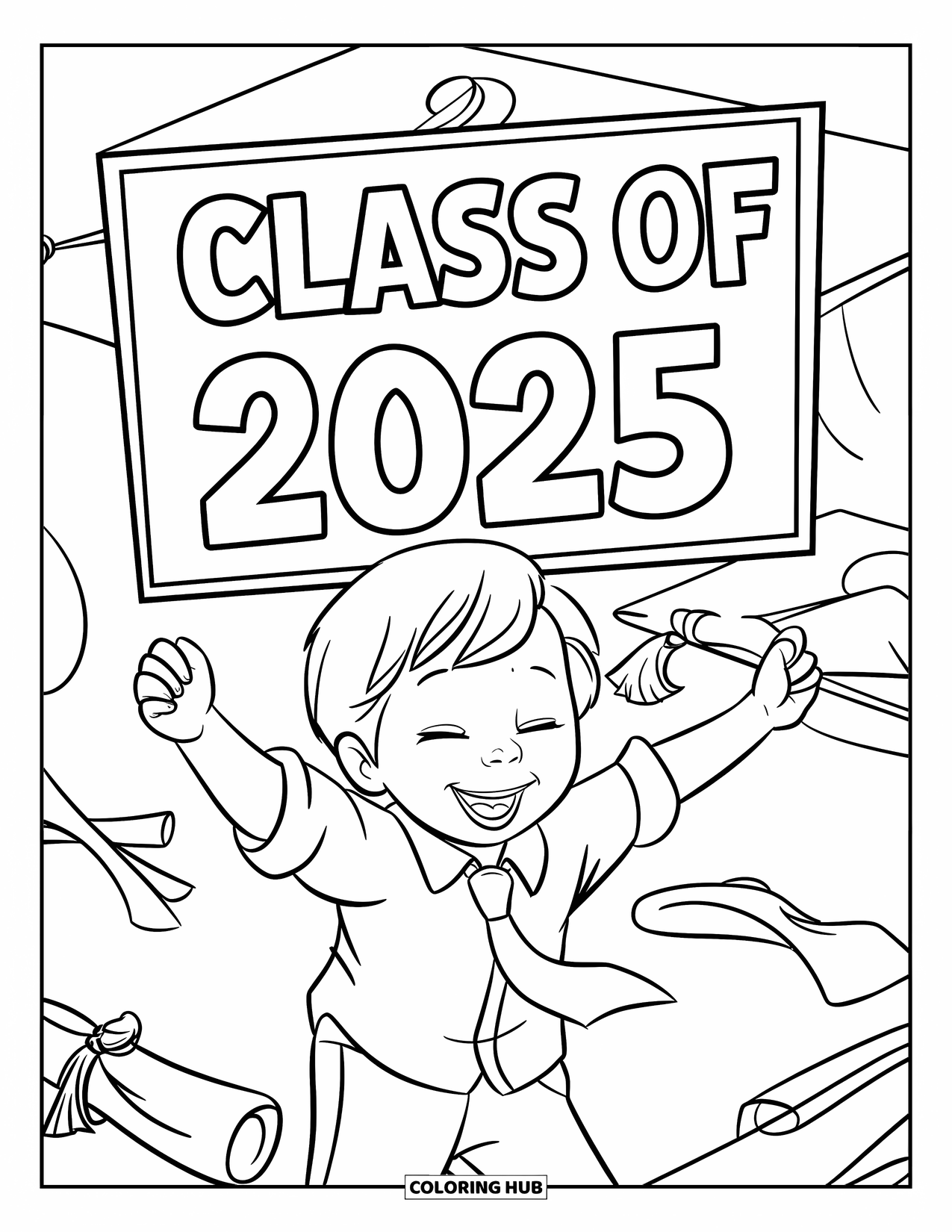 Graduation Coloring Page for Kids: A child dances joyfully under a "Class of 2025" sign with a graduation cap nearby